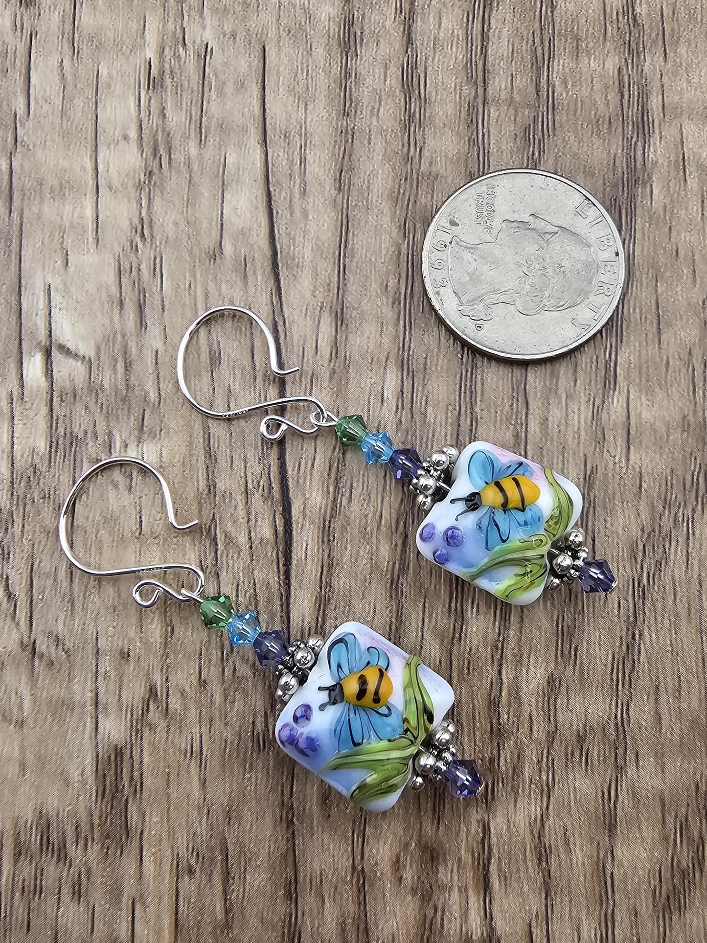 SF Buzz & Bloom Artisan Glass Earrings, Lampwork Glass Bead by a talented artisan, Silver Filled Earring Wire