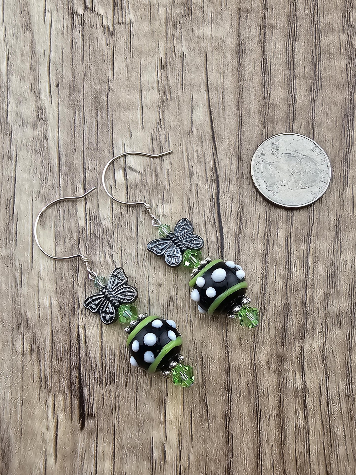 SS Speckled Butterfly Artisan Glass Earrings, Sterling Silver Earring Wire