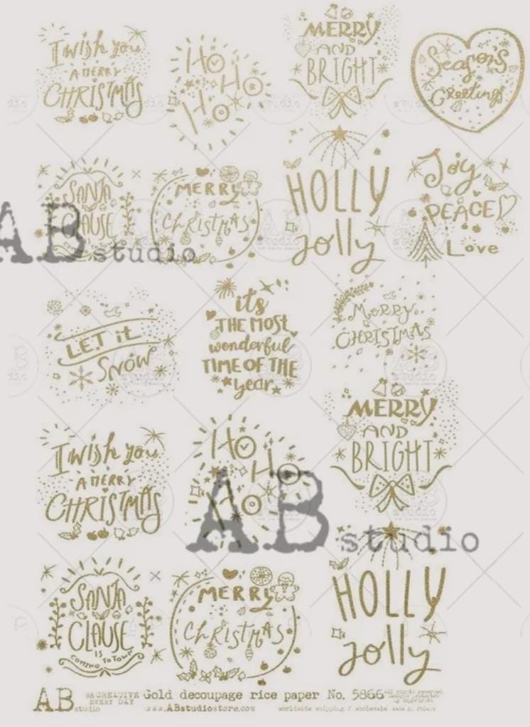 A4 Metallic Gold Christmas Sayings Rice Paper, Gilded Gold Foil Look!