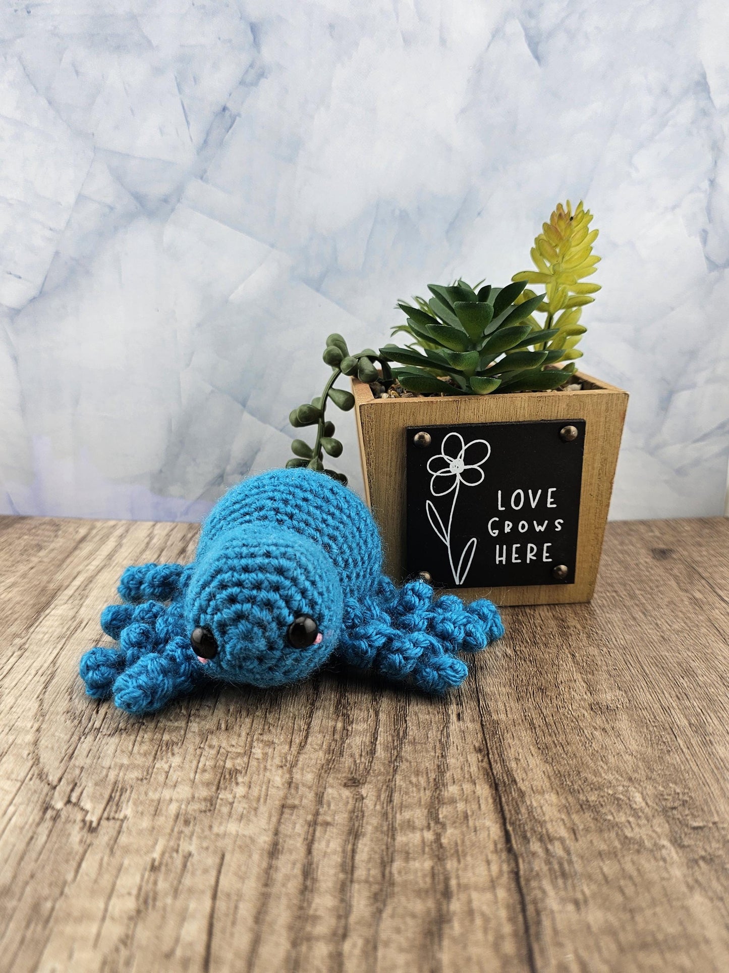 Handcrafted crocheted Blue Spider buddy named Sky