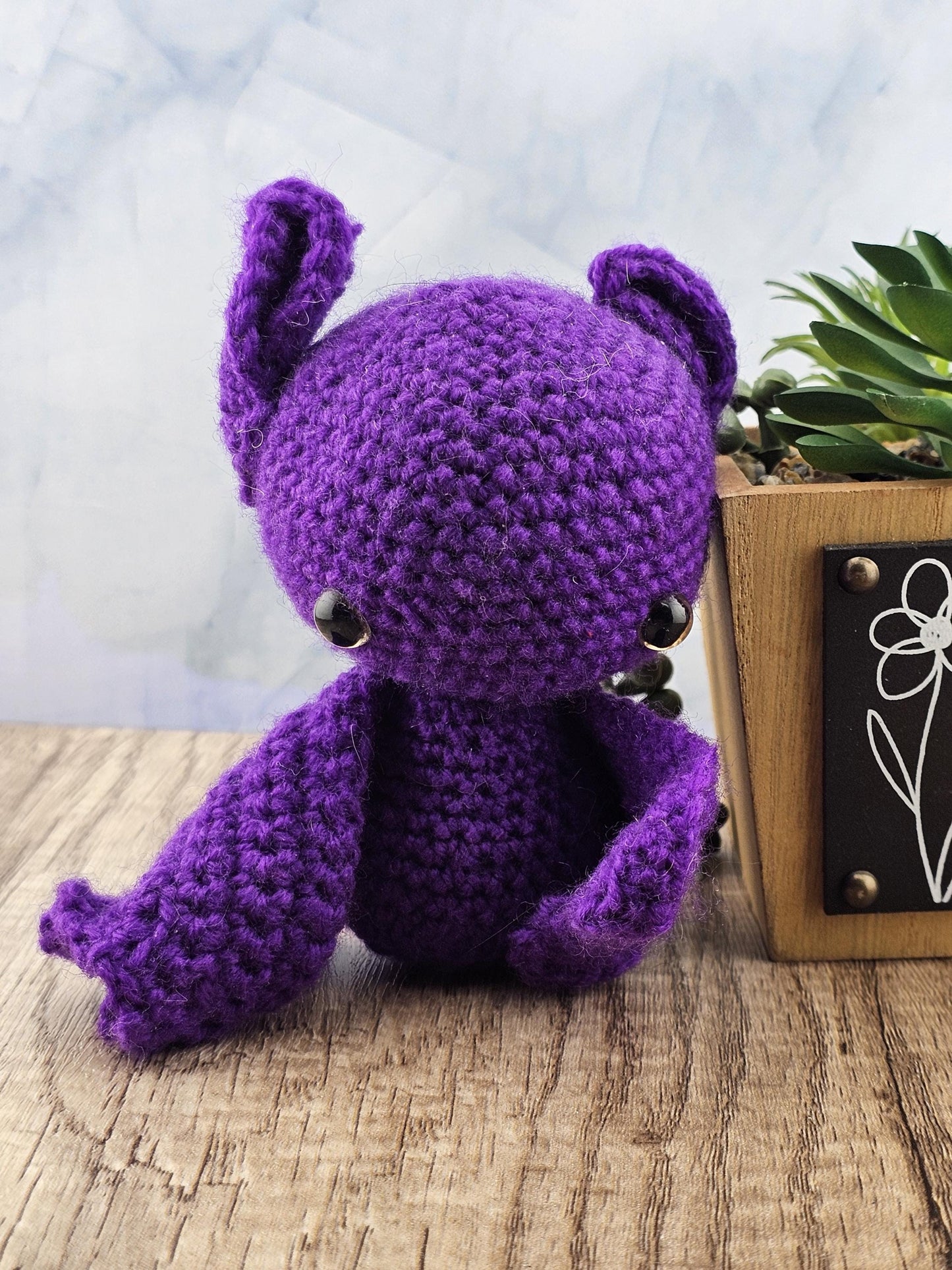Handcrafted crocheted bat buddy named Stella
