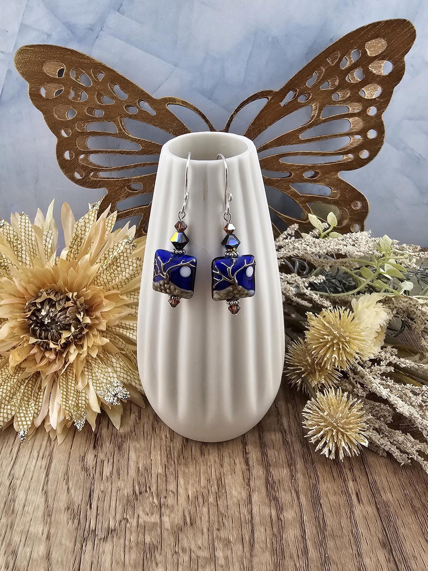 SF Ghostwood Moonrise Artisan Glass Earrings, Lampwork Glass Bead handcrafted by a talented artisan, Silver Filled Earring Wire