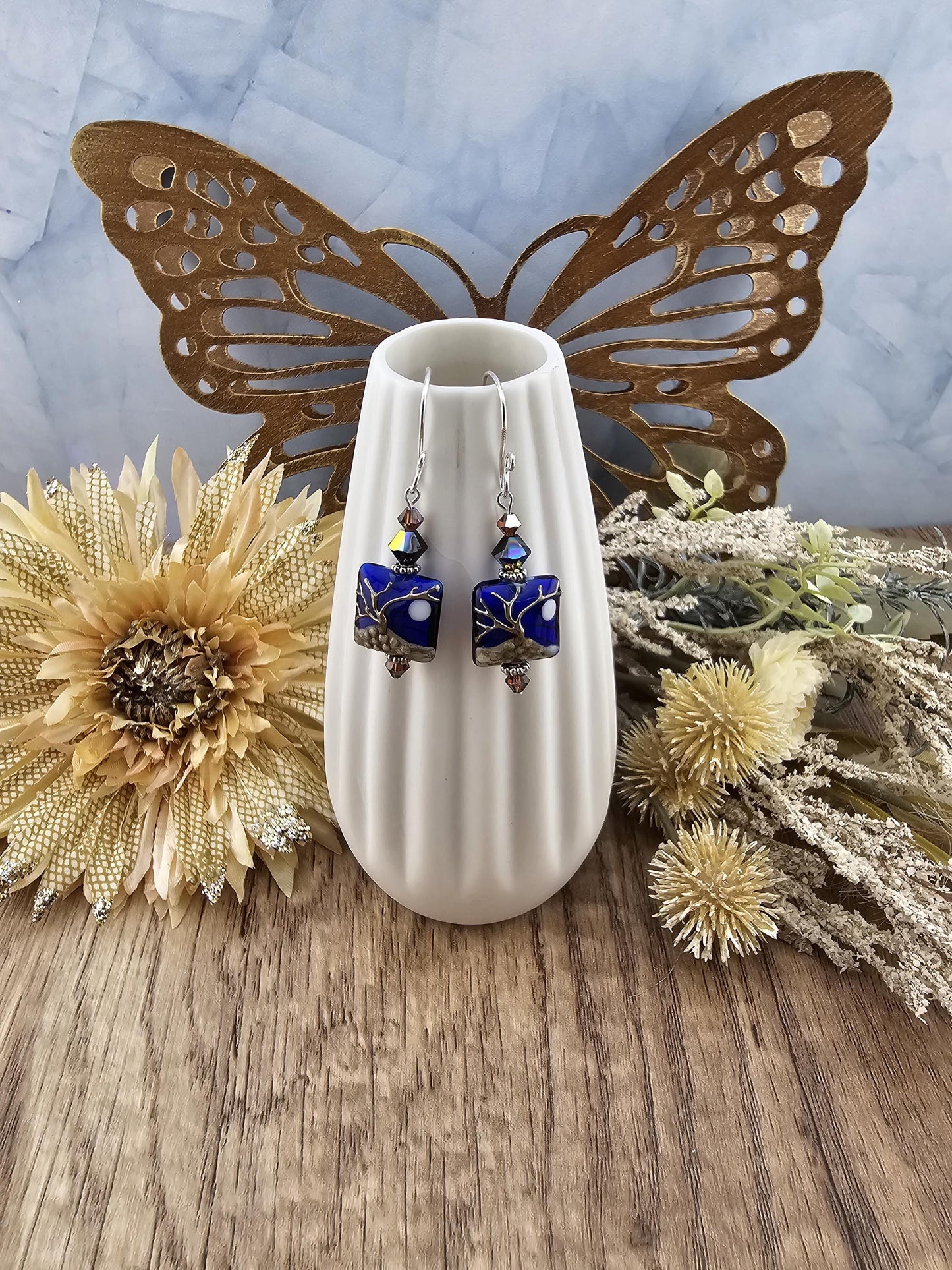 SF Ghostwood Moonrise Artisan Glass Earrings, Lampwork Glass Bead handcrafted by a talented artisan, Silver Filled Earring Wire