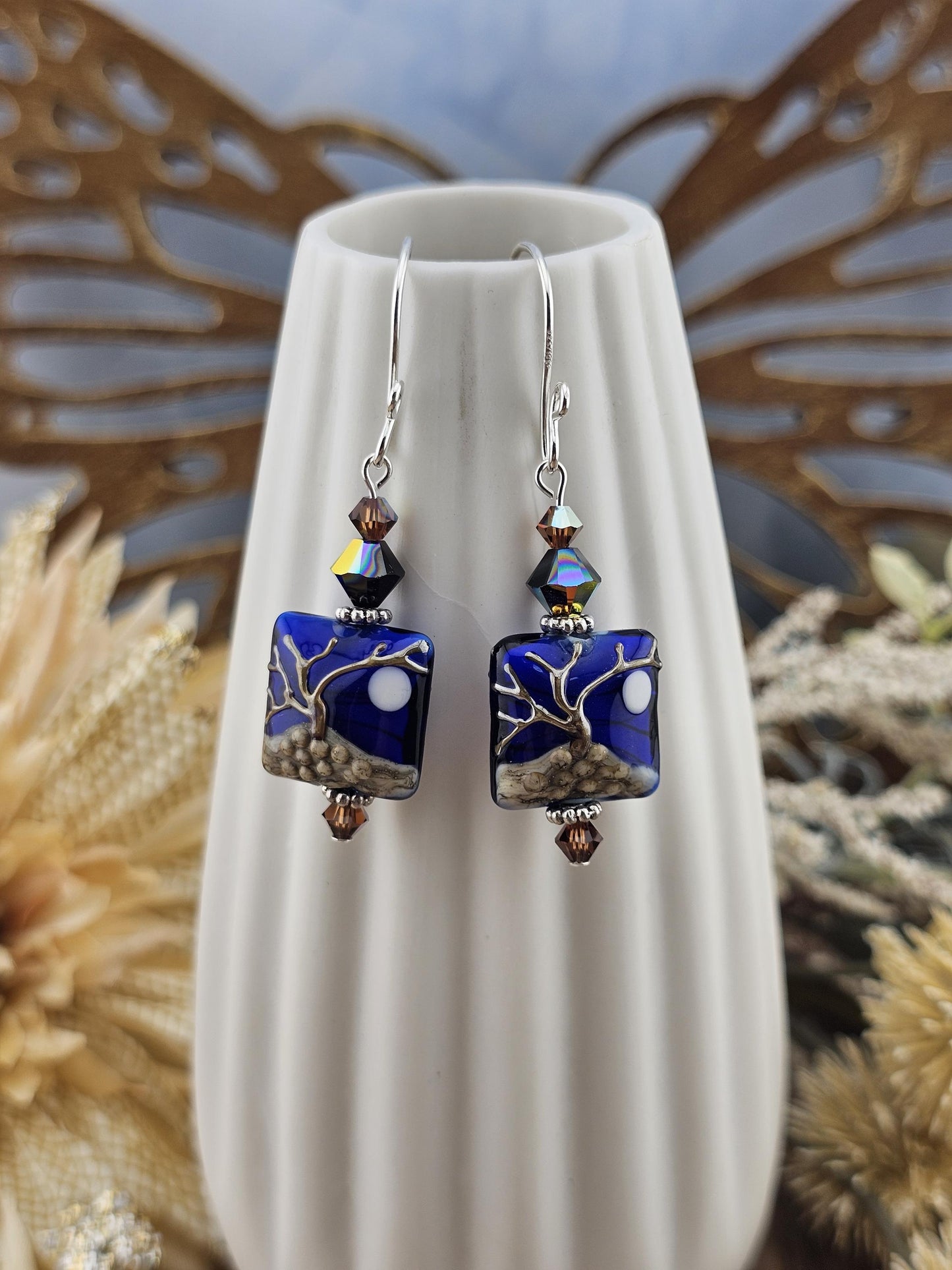 SF Ghostwood Moonrise Artisan Glass Earrings, Lampwork Glass Bead handcrafted by a talented artisan, Silver Filled Earring Wire