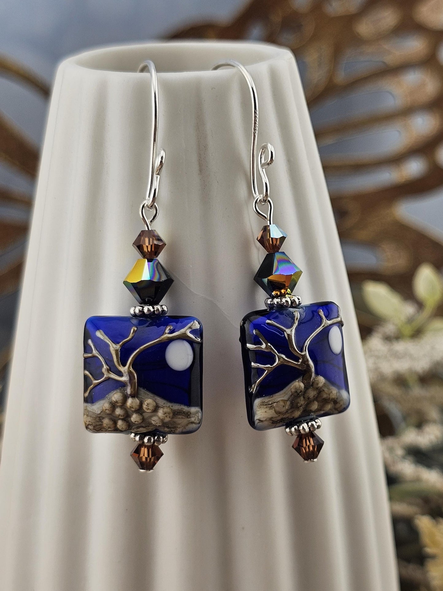 SF Ghostwood Moonrise Artisan Glass Earrings, Lampwork Glass Bead handcrafted by a talented artisan, Silver Filled Earring Wire