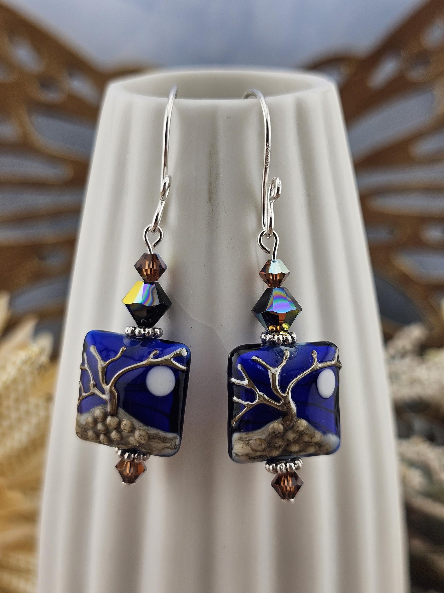 SF Ghostwood Moonrise Artisan Glass Earrings, Lampwork Glass Bead handcrafted by a talented artisan, Silver Filled Earring Wire