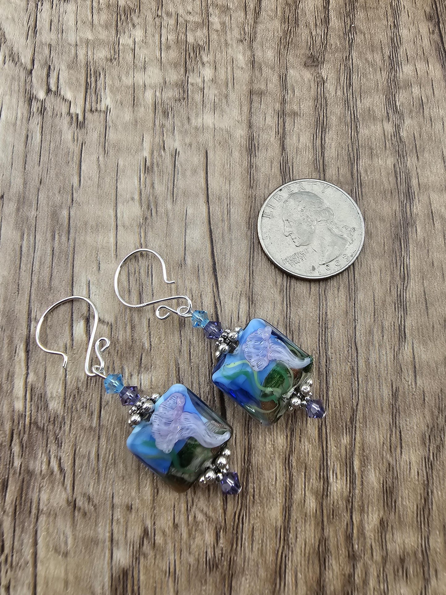 SF Luminescent Mirage Artisan Glass Earrings, Lampwork Glass Bead by a talented artisan, Silver Filled Earring Wire