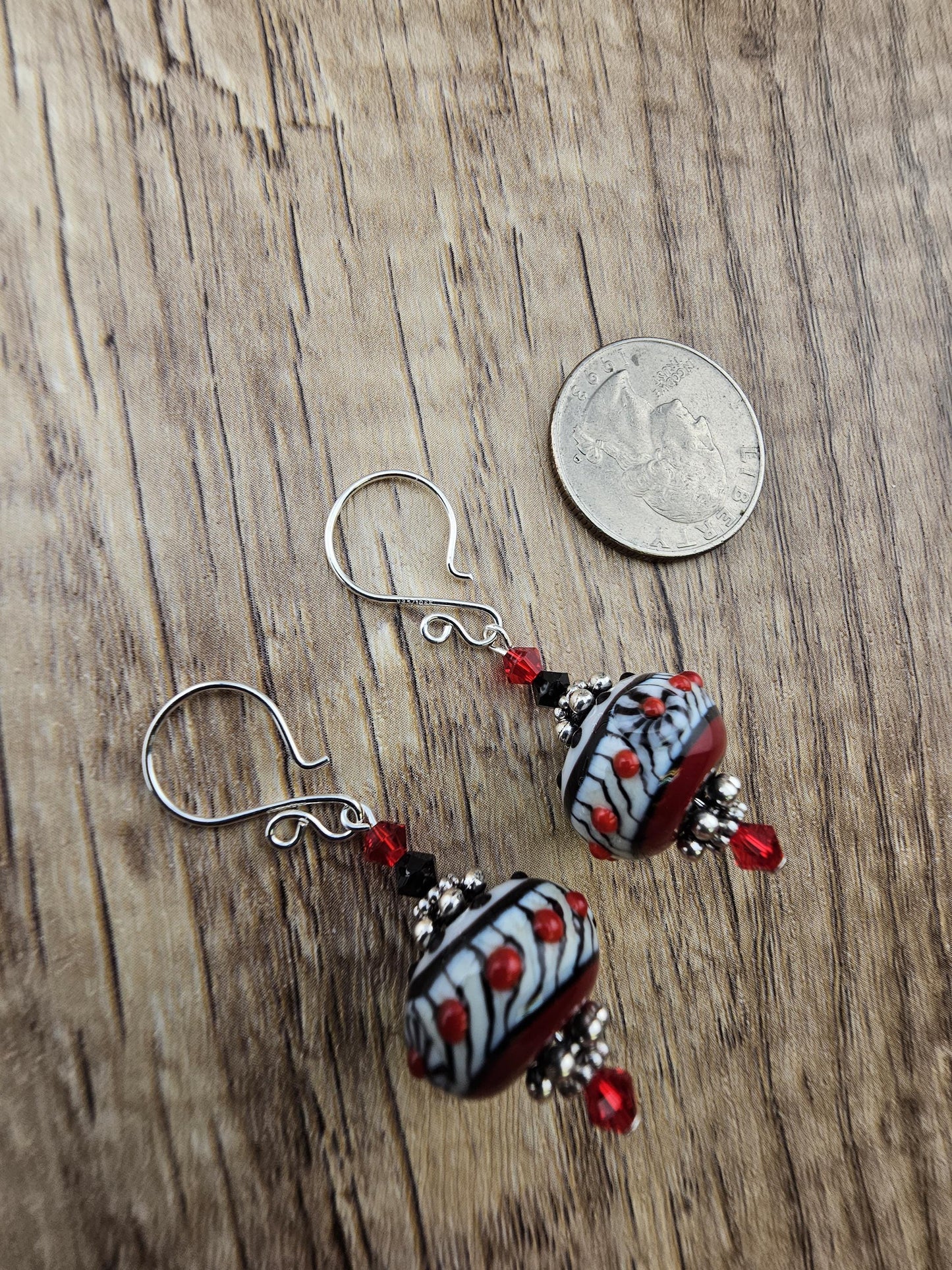 SF Cherry Noir Artisan Glass Earrings, Lampwork Glass Bead by a talented artisan, Silver Filled Earring Wire