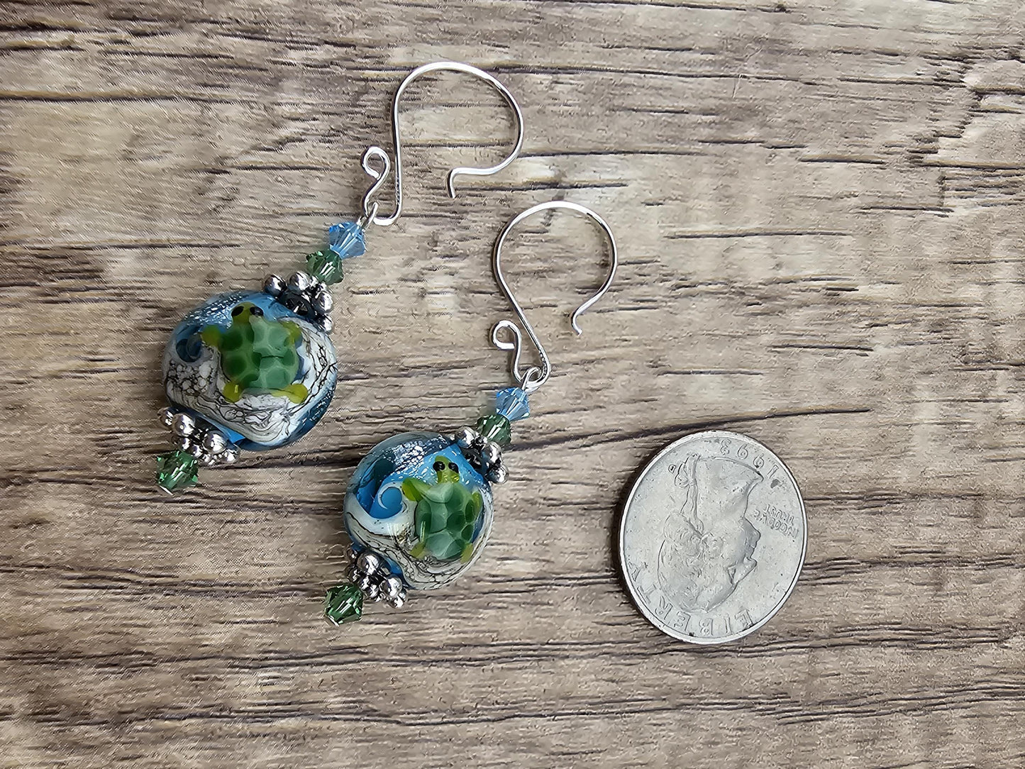 SF Sea Turtle Serenade Artisan Glass Earrings, Lampwork Glass Bead by a talented artisan, Silver Filled Earring Wire