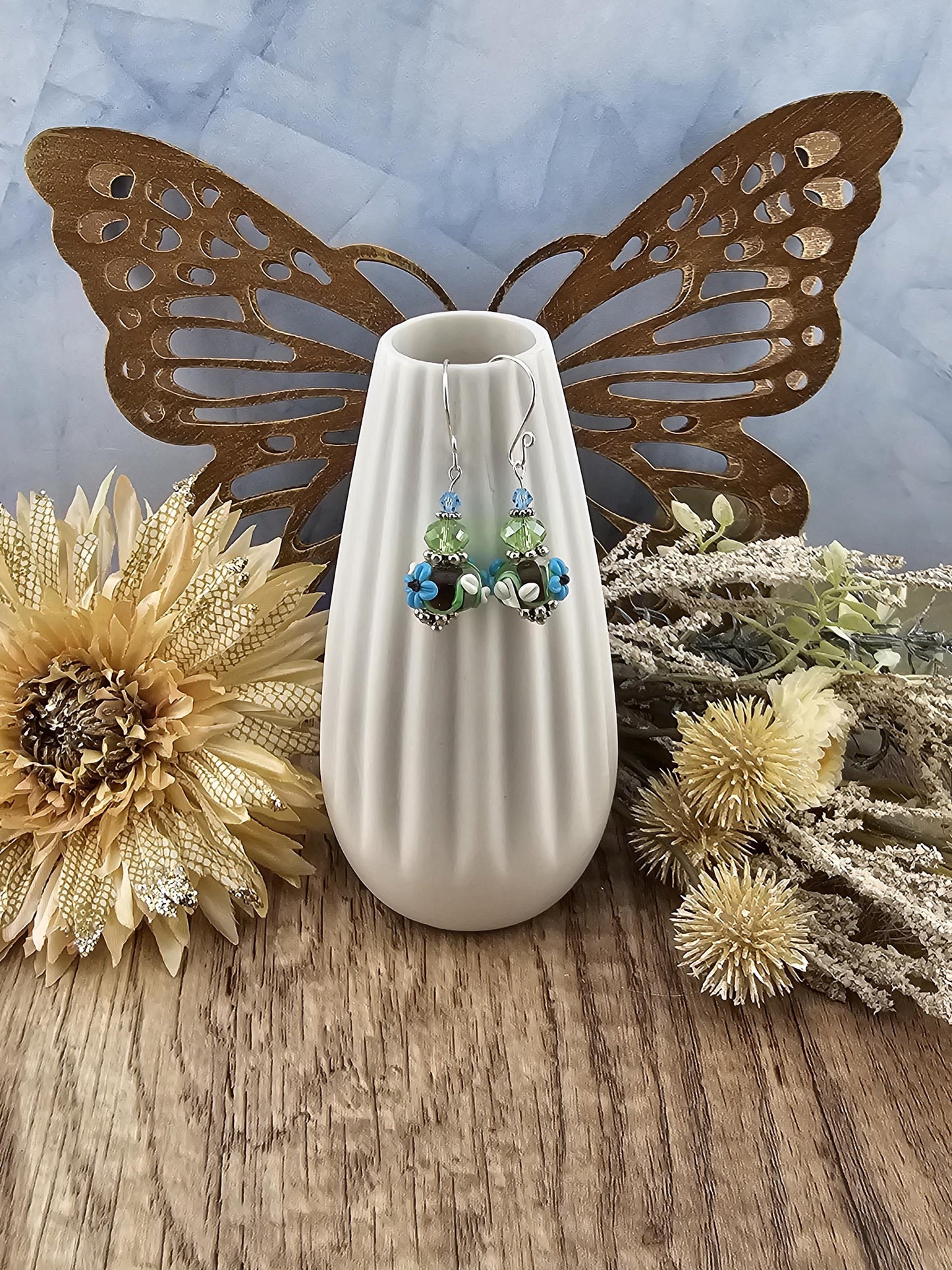 SF Earthy Elegance Artisan Glass Earrings, Lampwork Glass Bead by a talented artisan, Silver Filled Earring Wire
