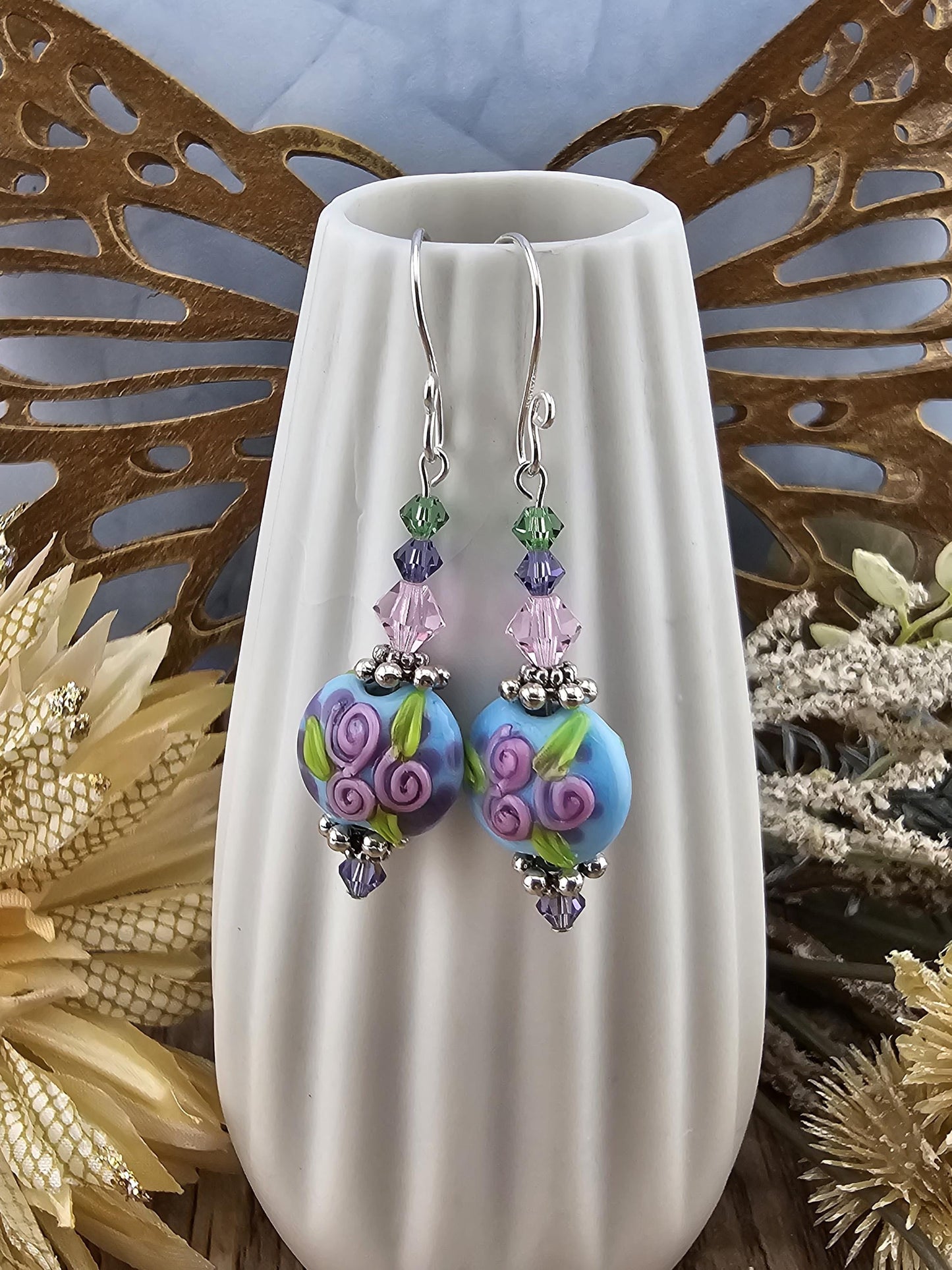 SF Fairywine Blossoms Artisan Glass Earrings, Lampwork Glass Bead by a talented artisan, Silver Filled Earring Wire