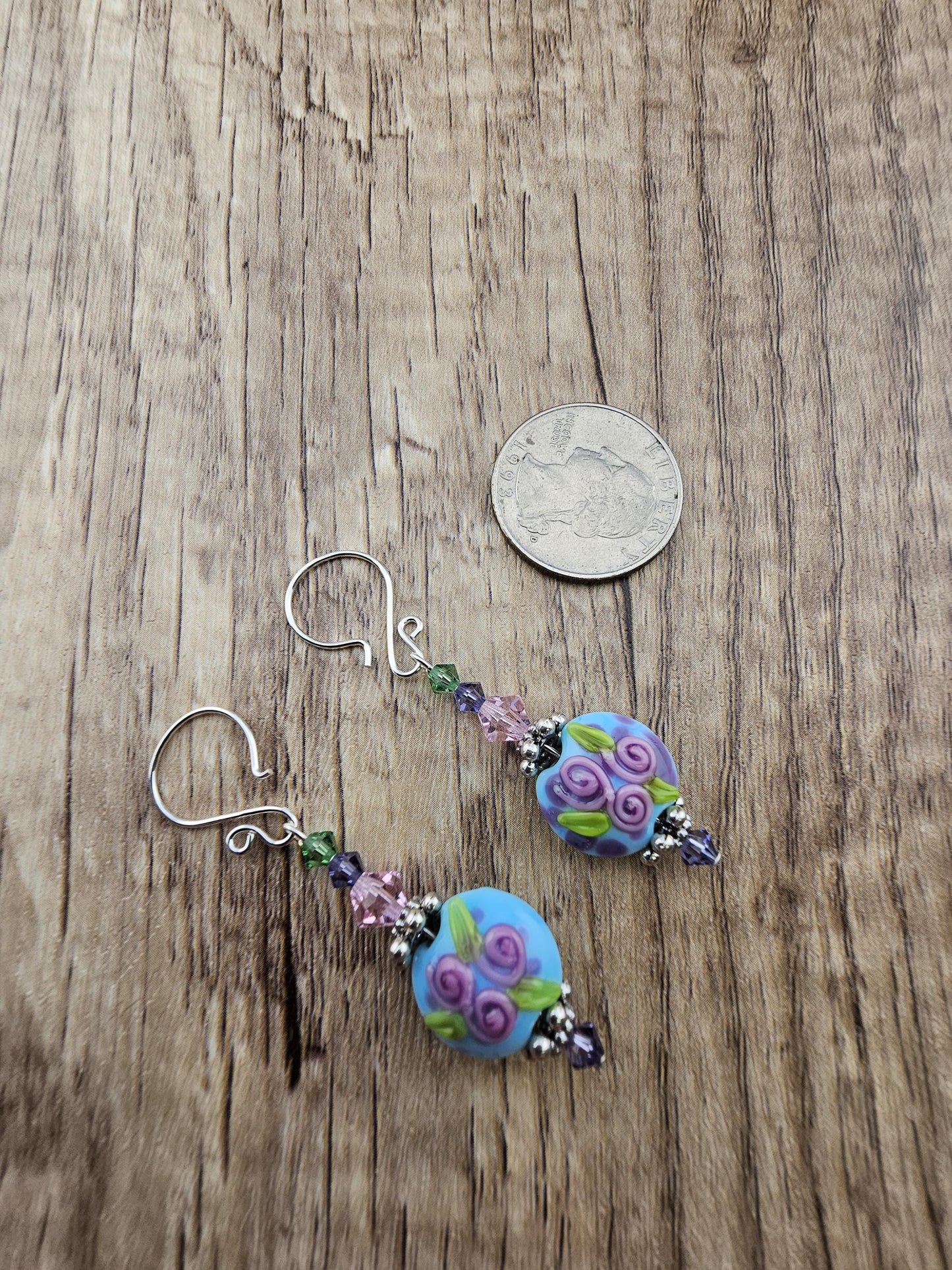 SF Fairywine Blossoms Artisan Glass Earrings, Lampwork Glass Bead by a talented artisan, Silver Filled Earring Wire