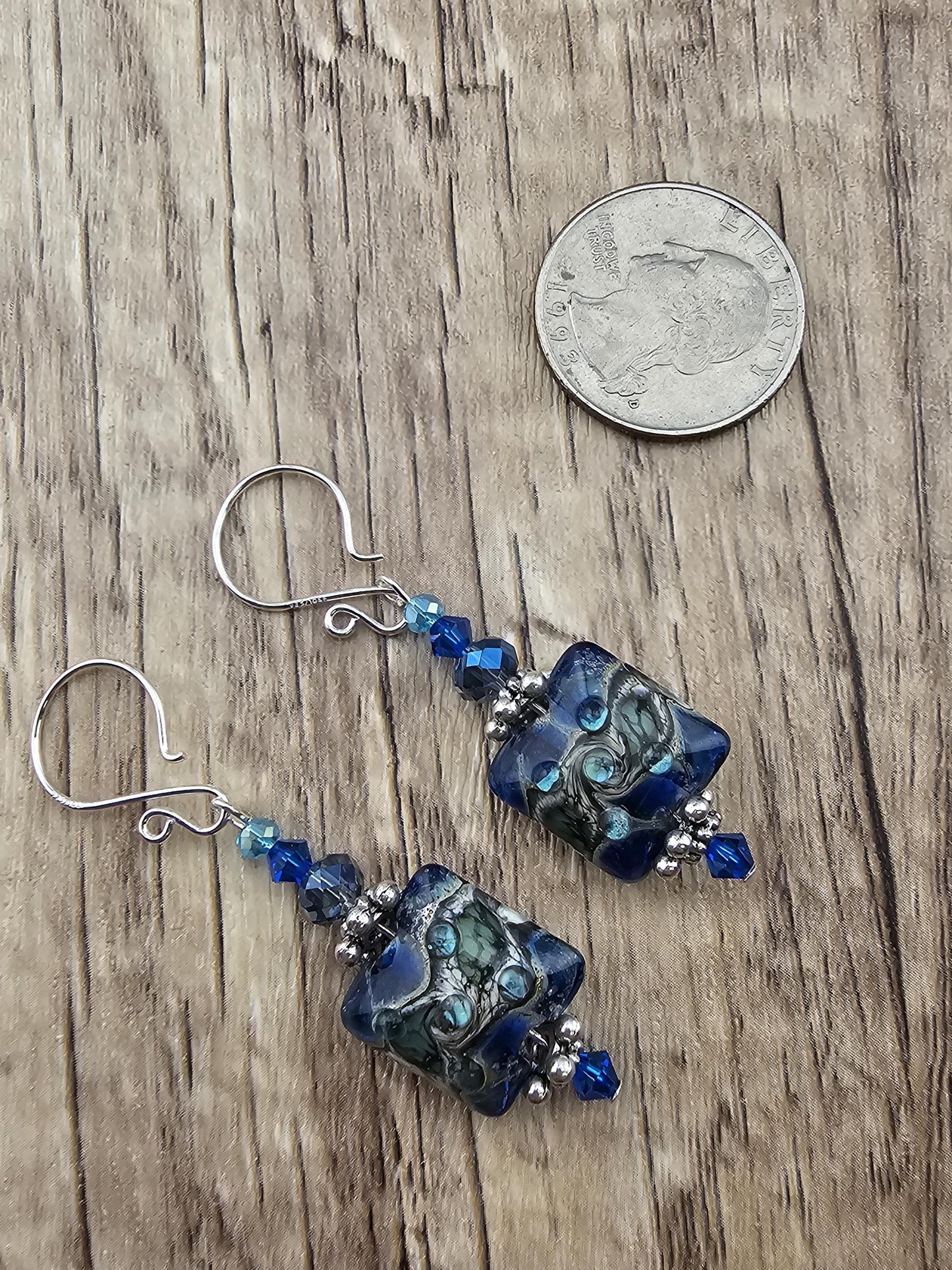 SF Enchanted Lagoon Artisan Glass Earrings, Lampwork Glass Bead by a talented artisan, Silver Filled Earring Wire
