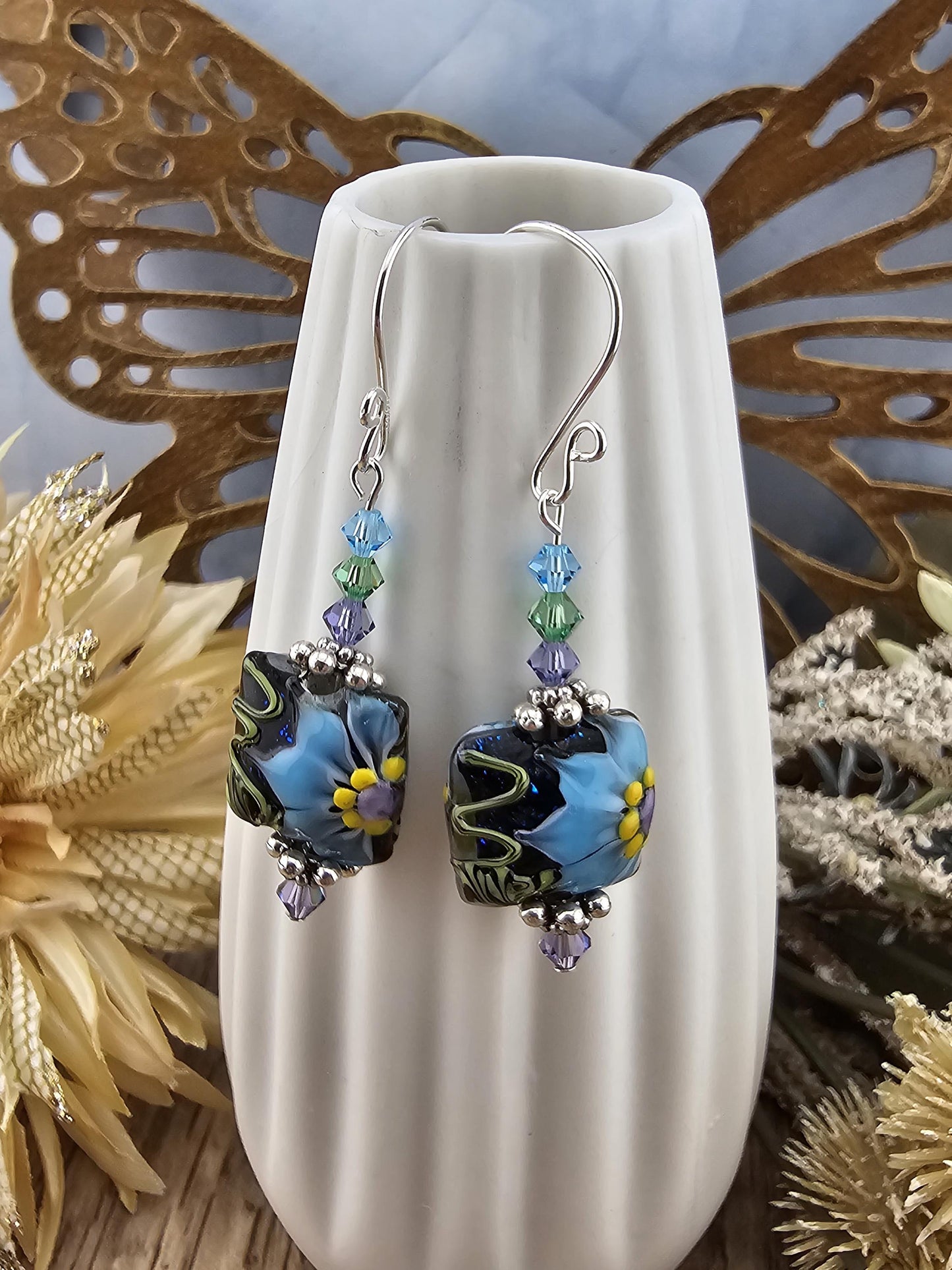 SF Mystic Bloom Artisan Glass Earrings, Lampwork Glass Bead by a talented artisan, Silver Filled Earring Wire
