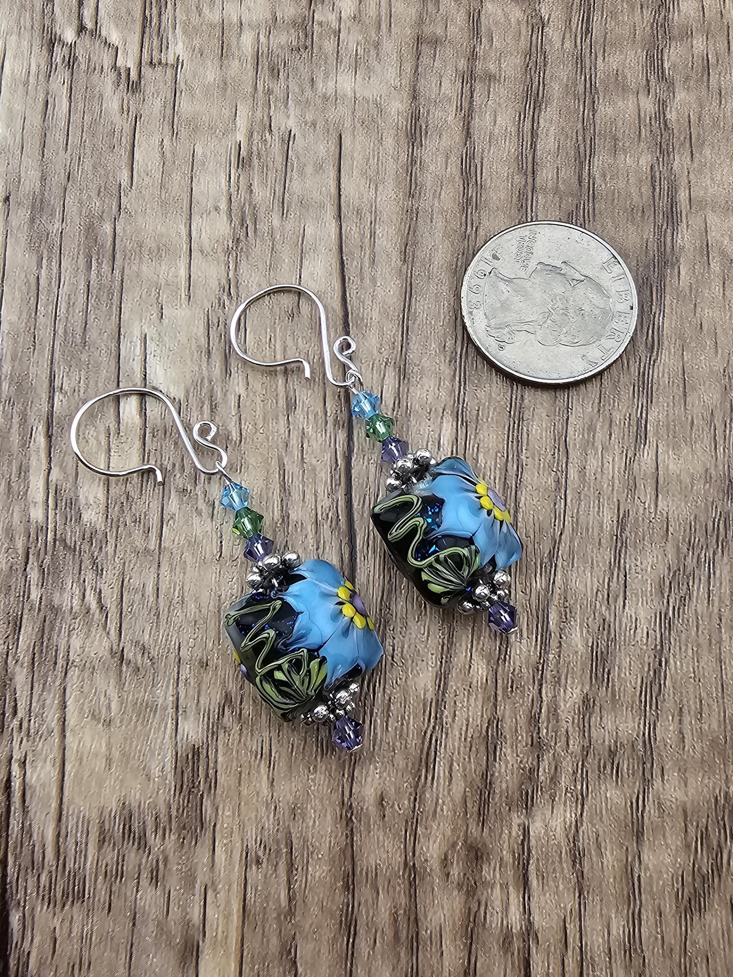 SF Mystic Bloom Artisan Glass Earrings, Lampwork Glass Bead by a talented artisan, Silver Filled Earring Wire