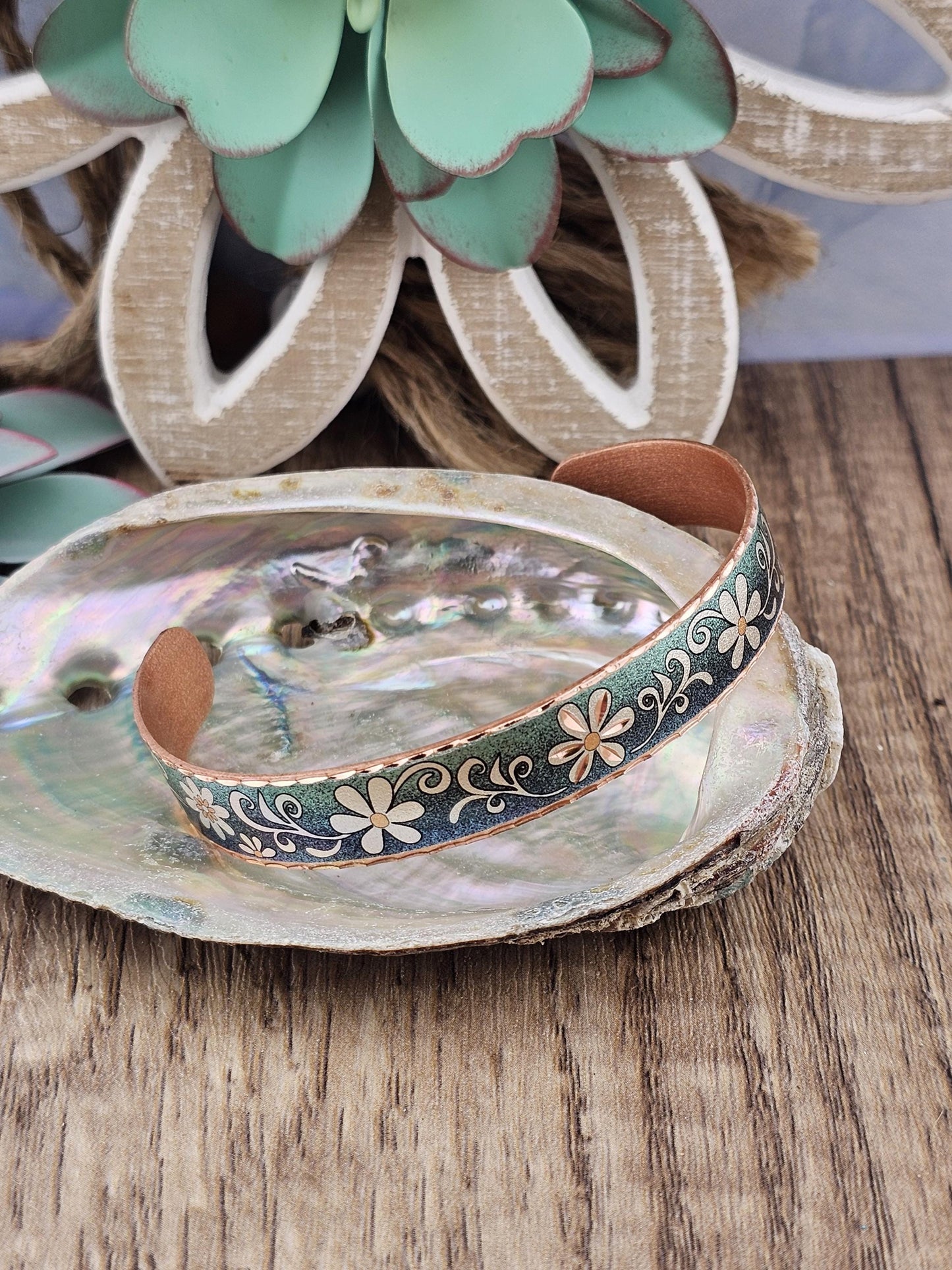 BR - Blue Turquoise Color Flower Artisan Bracelet - Beautiful adjustable COPPER cuff bracelet.