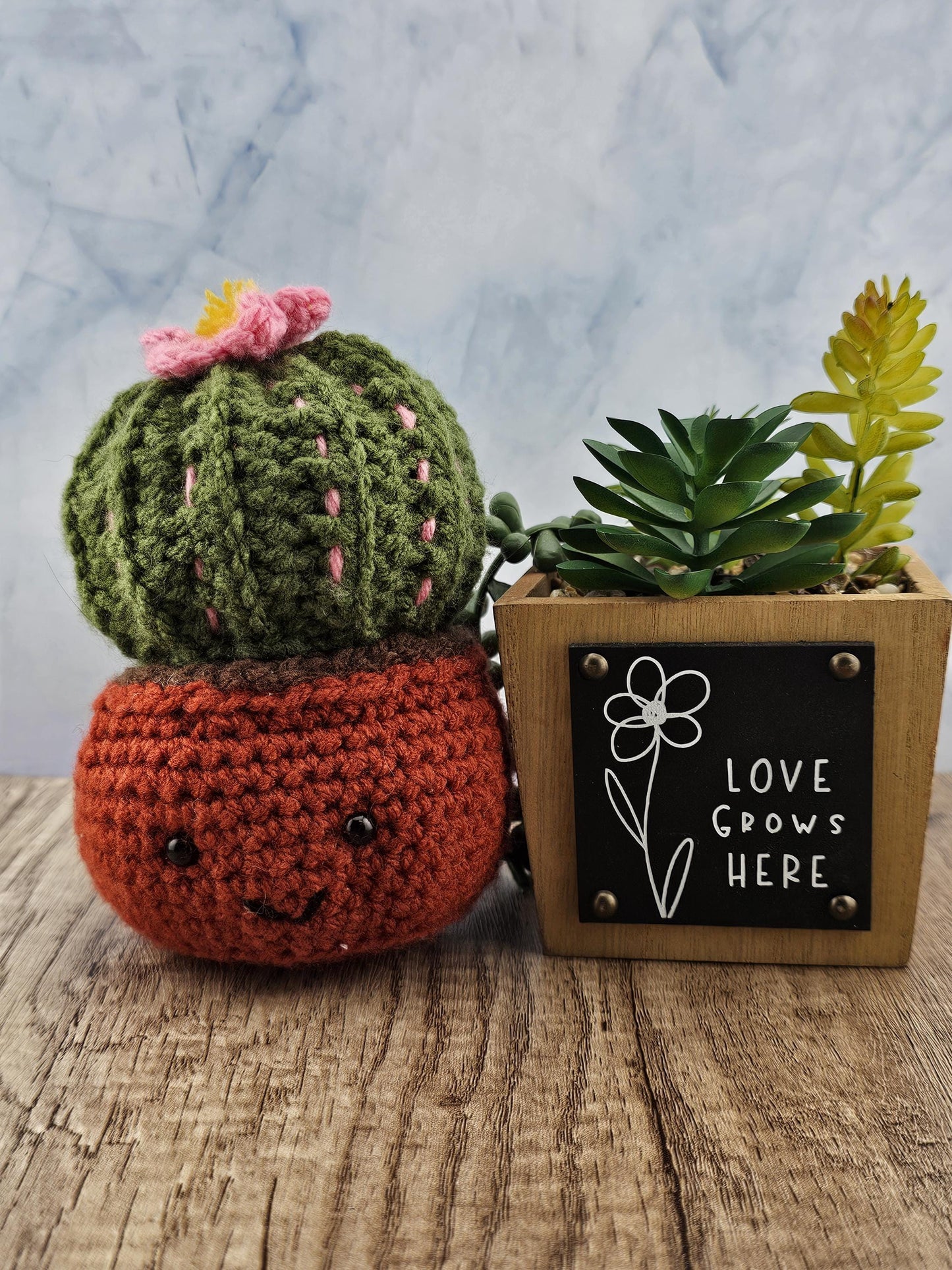 Handcrafted crocheted cactus buddy named Flora