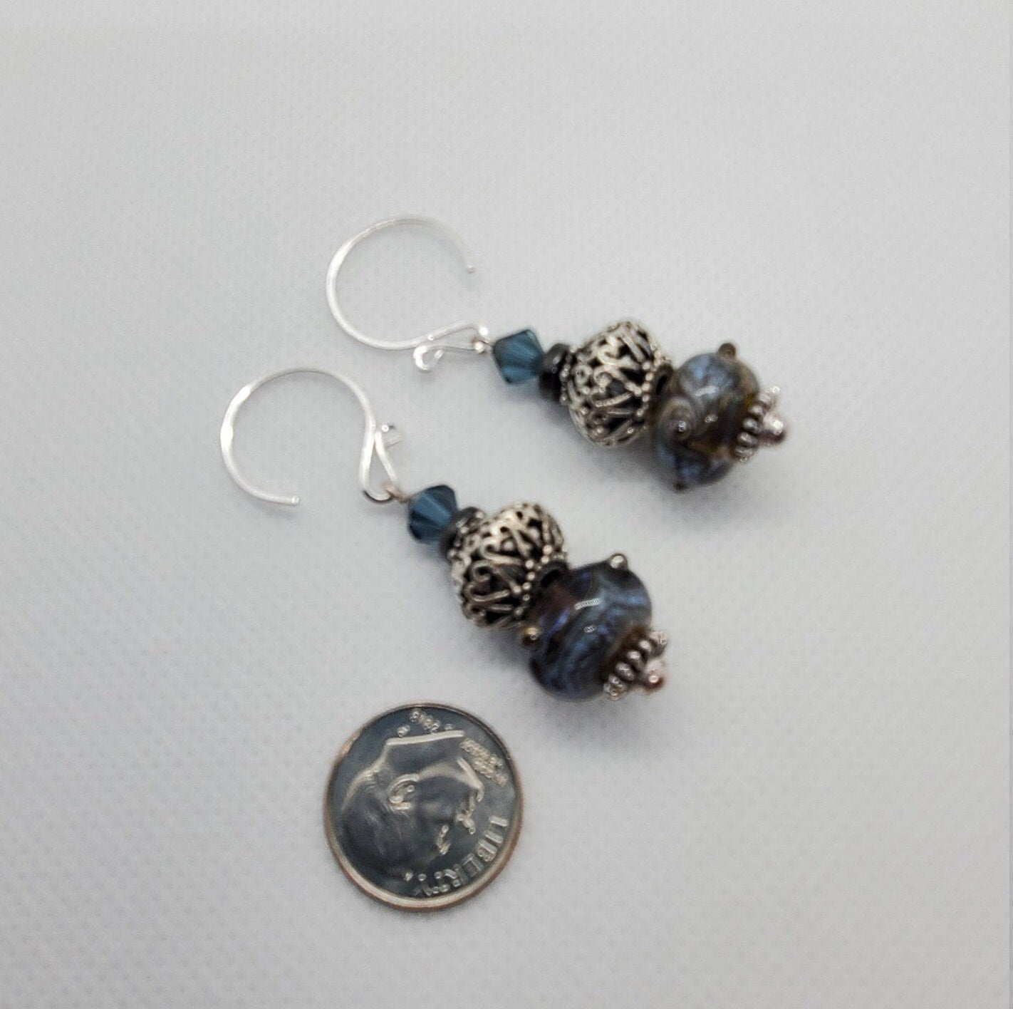 Stormy night Artisan Glass Earrings, Lampwork Glass Bead by Grace Lampwork Beads, Silver Filled Earring Wire