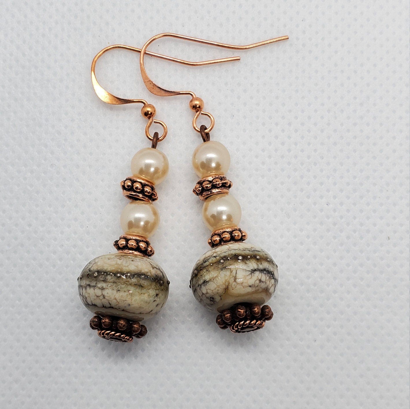 Pearly Whites Artisan Glass Earrings, Lampwork Glass Bead by Grace Lampwork Beads, Copper Earring Wire