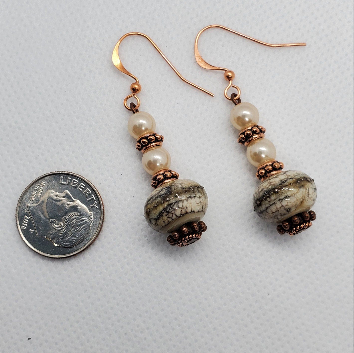 Pearly Whites Artisan Glass Earrings, Lampwork Glass Bead by Grace Lampwork Beads, Copper Earring Wire