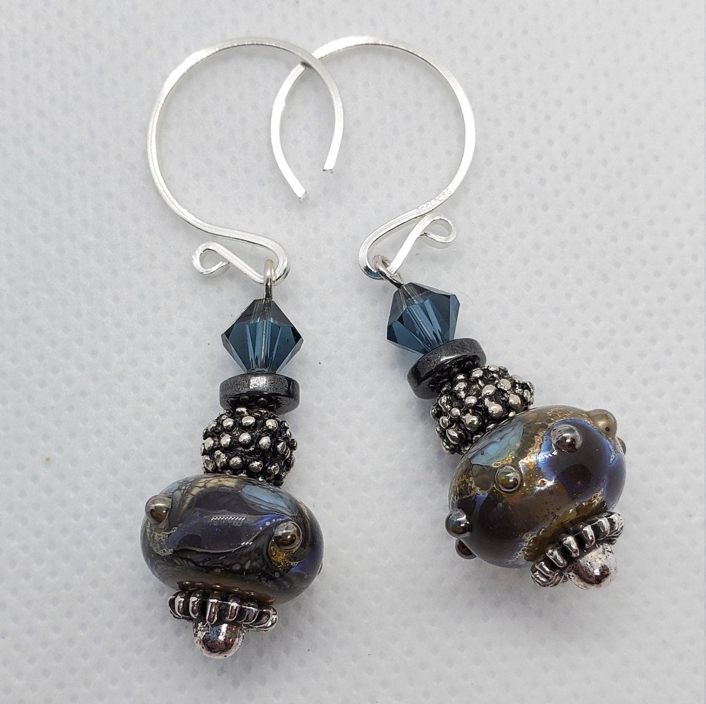 Midnight Blues Artisan Glass Earrings, Lampwork Glass Bead by Grace Lampwork Beads, Silver Filled Earring Wire