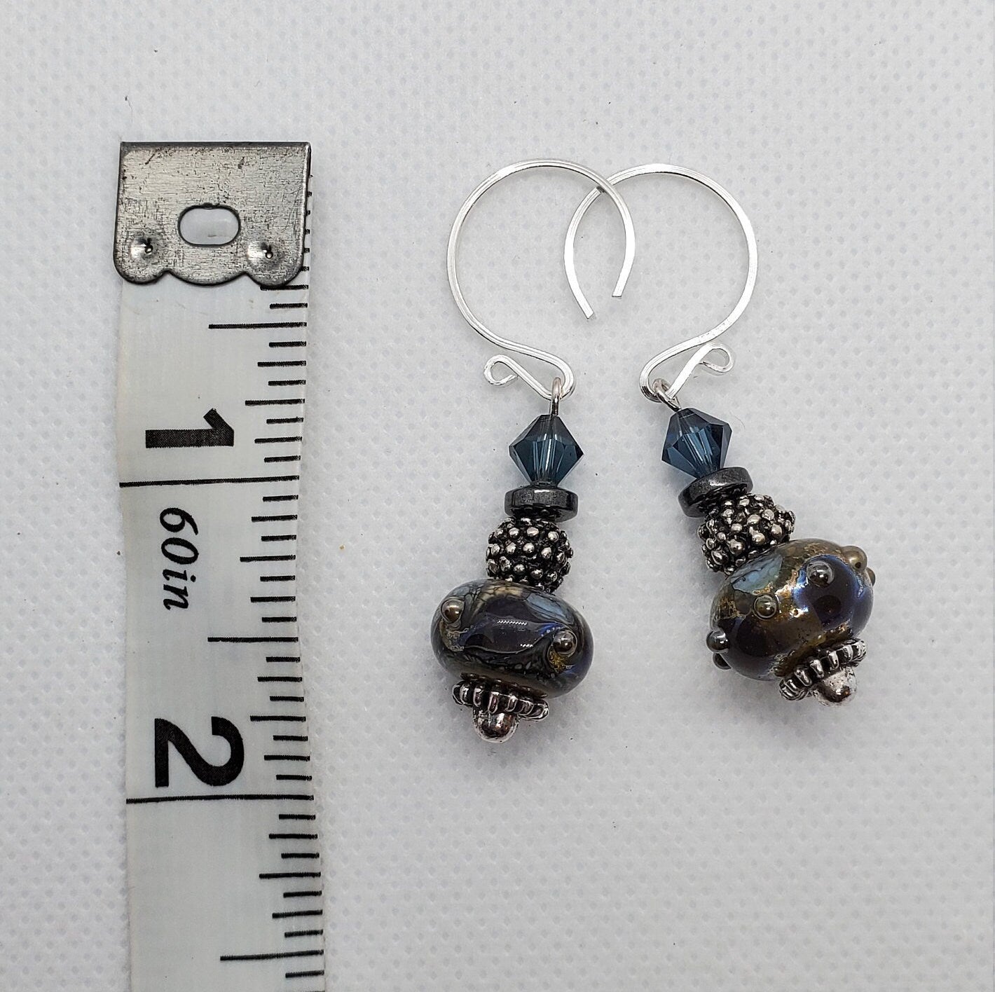 Midnight Blues Artisan Glass Earrings, Lampwork Glass Bead by Grace Lampwork Beads, Silver Filled Earring Wire