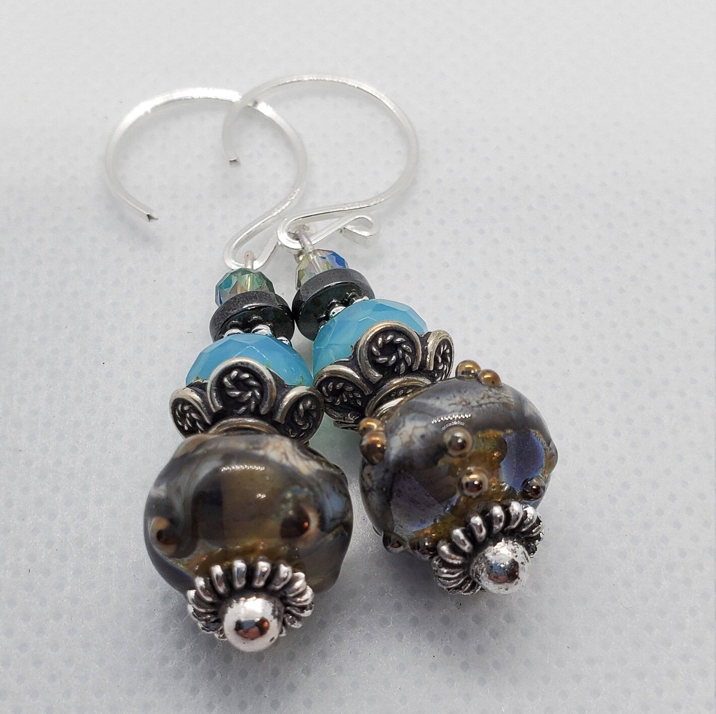 Calm before the Storm Artisan Glass Earrings, Lampwork Glass Bead by Grace Lampwork Beads, Silver Filled Earring Wire