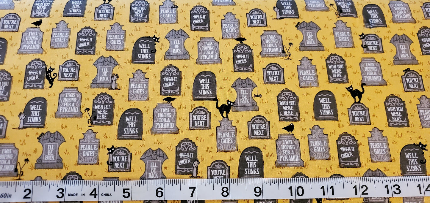 Boos & Ghouls Halloween Tombstone Fabric by the half yard. 100% Cotton.