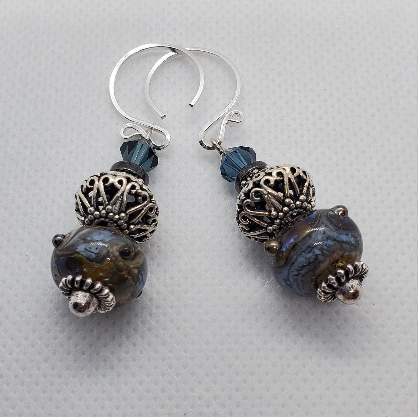 Stormy night Artisan Glass Earrings, Lampwork Glass Bead by Grace Lampwork Beads, Silver Filled Earring Wire
