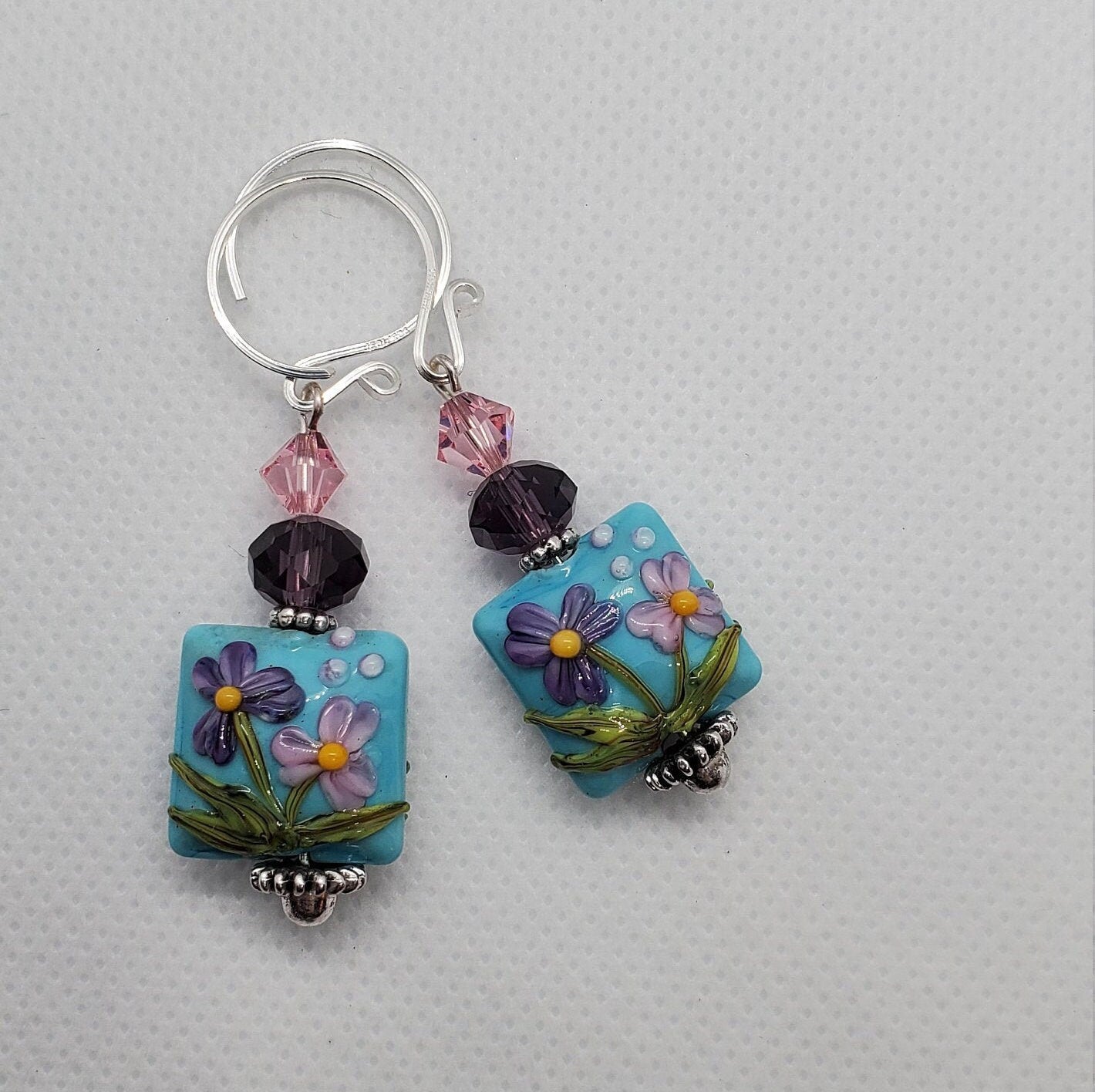 Spring Blossoms Artisan Glass Earrings, Lampwork Glass Bead by Grace Lampwork Beads, Silver Filled Earring Wire