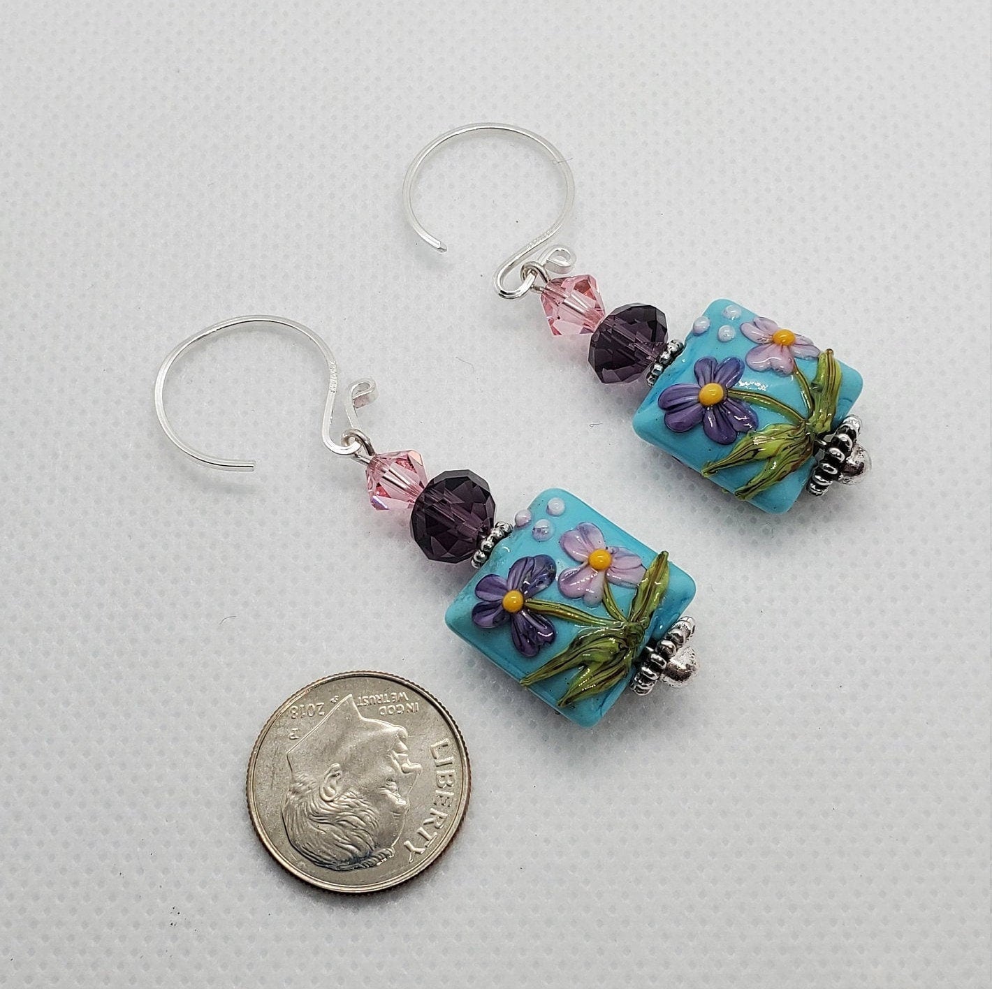Spring Blossoms Artisan Glass Earrings, Lampwork Glass Bead by Grace Lampwork Beads, Silver Filled Earring Wire