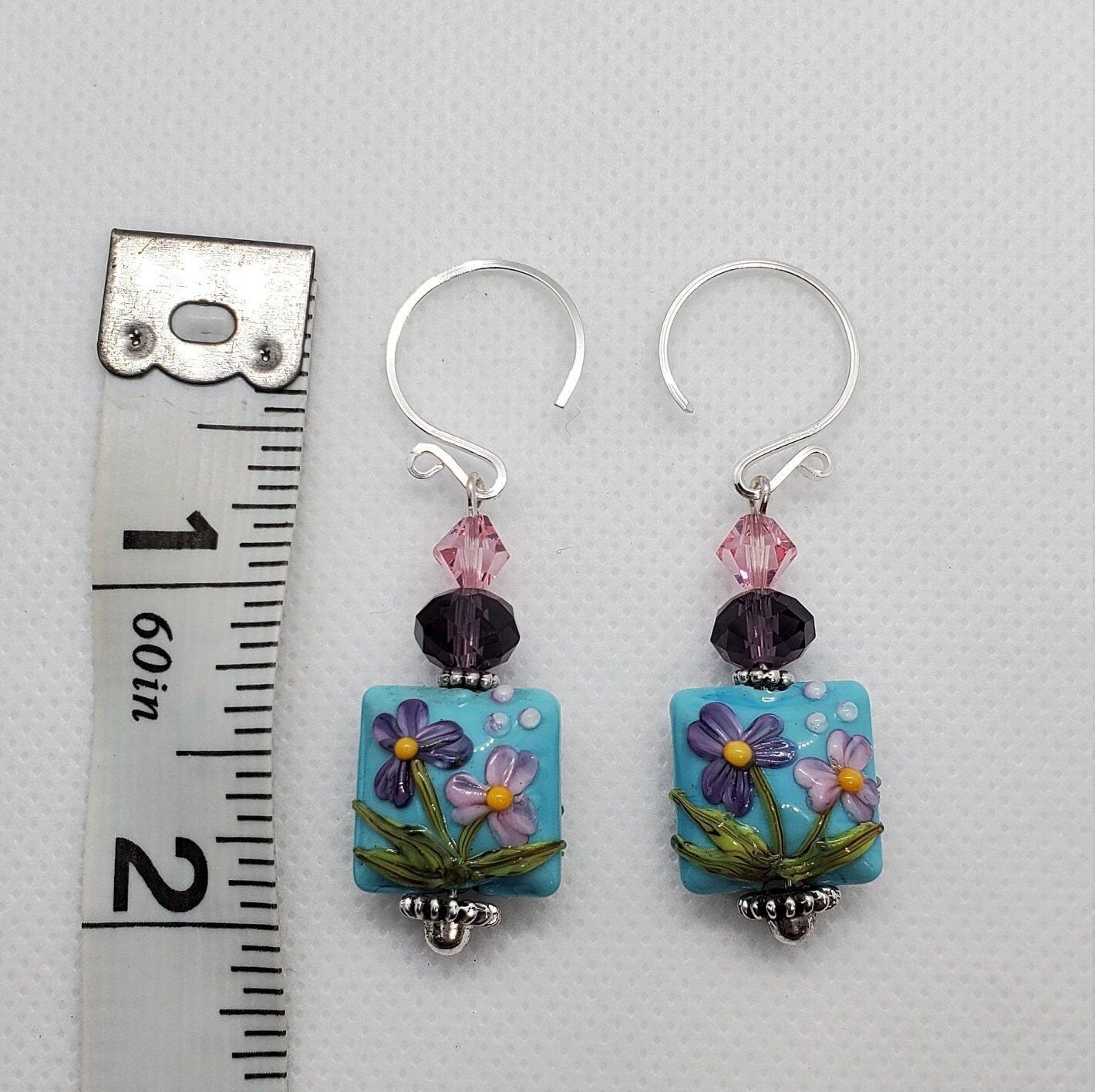 Spring Blossoms Artisan Glass Earrings, Lampwork Glass Bead by Grace Lampwork Beads, Silver Filled Earring Wire