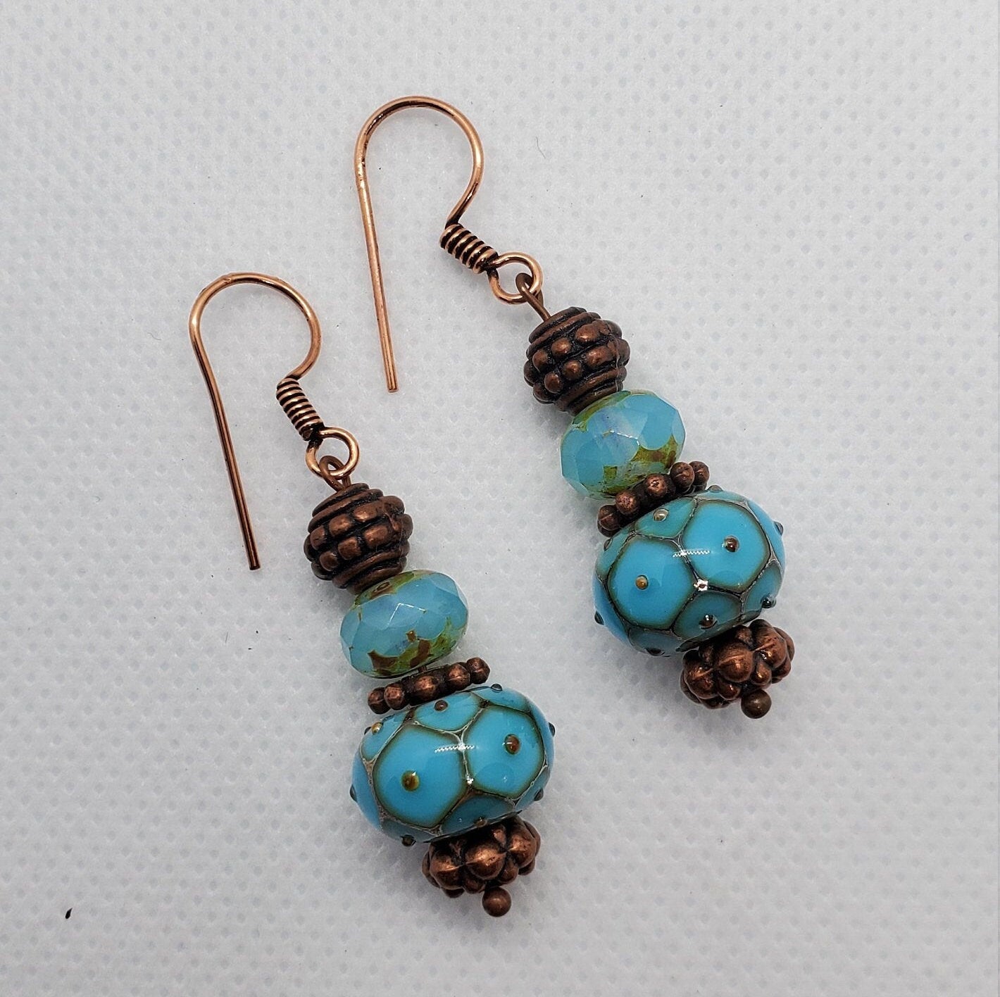 Robin Egg Blue Artisan Glass Earrings, Lampwork Glass Bead by Grace Lampwork Beads, Copper Earring Wire
