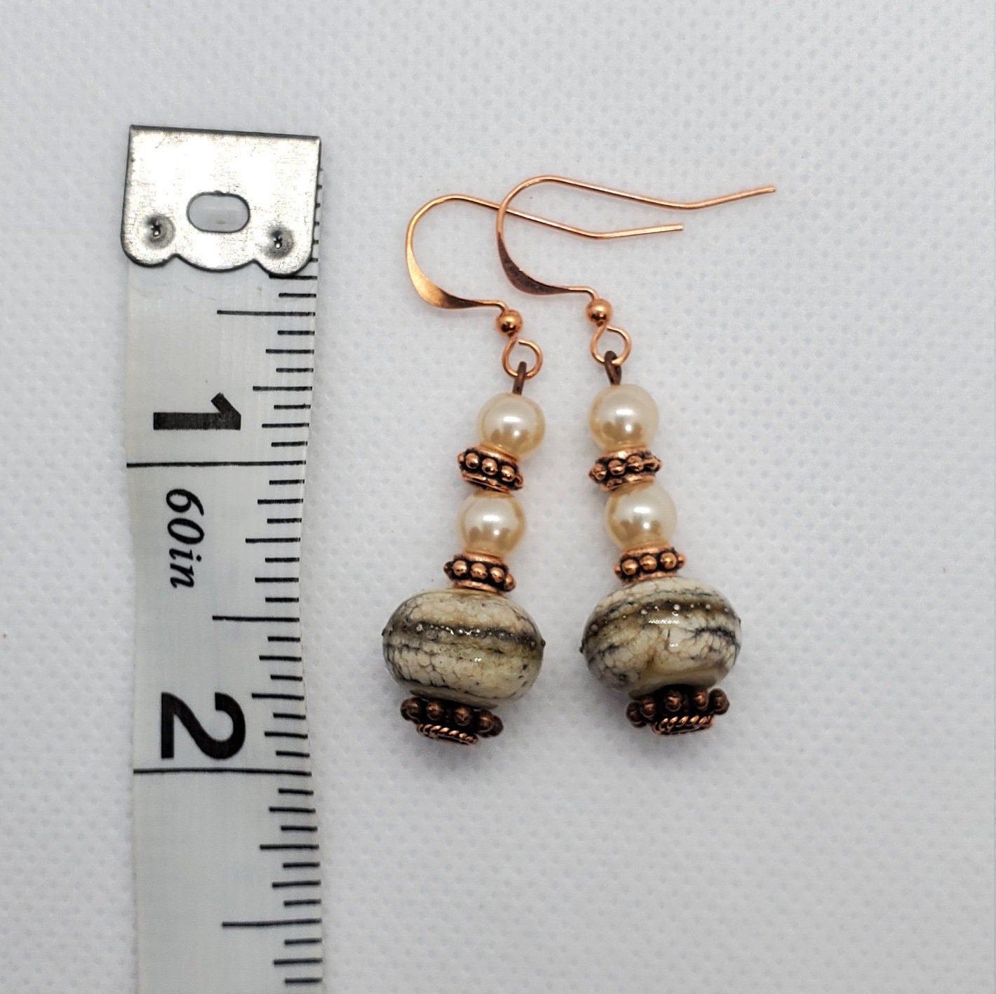 Pearly Whites Artisan Glass Earrings, Lampwork Glass Bead by Grace Lampwork Beads, Copper Earring Wire