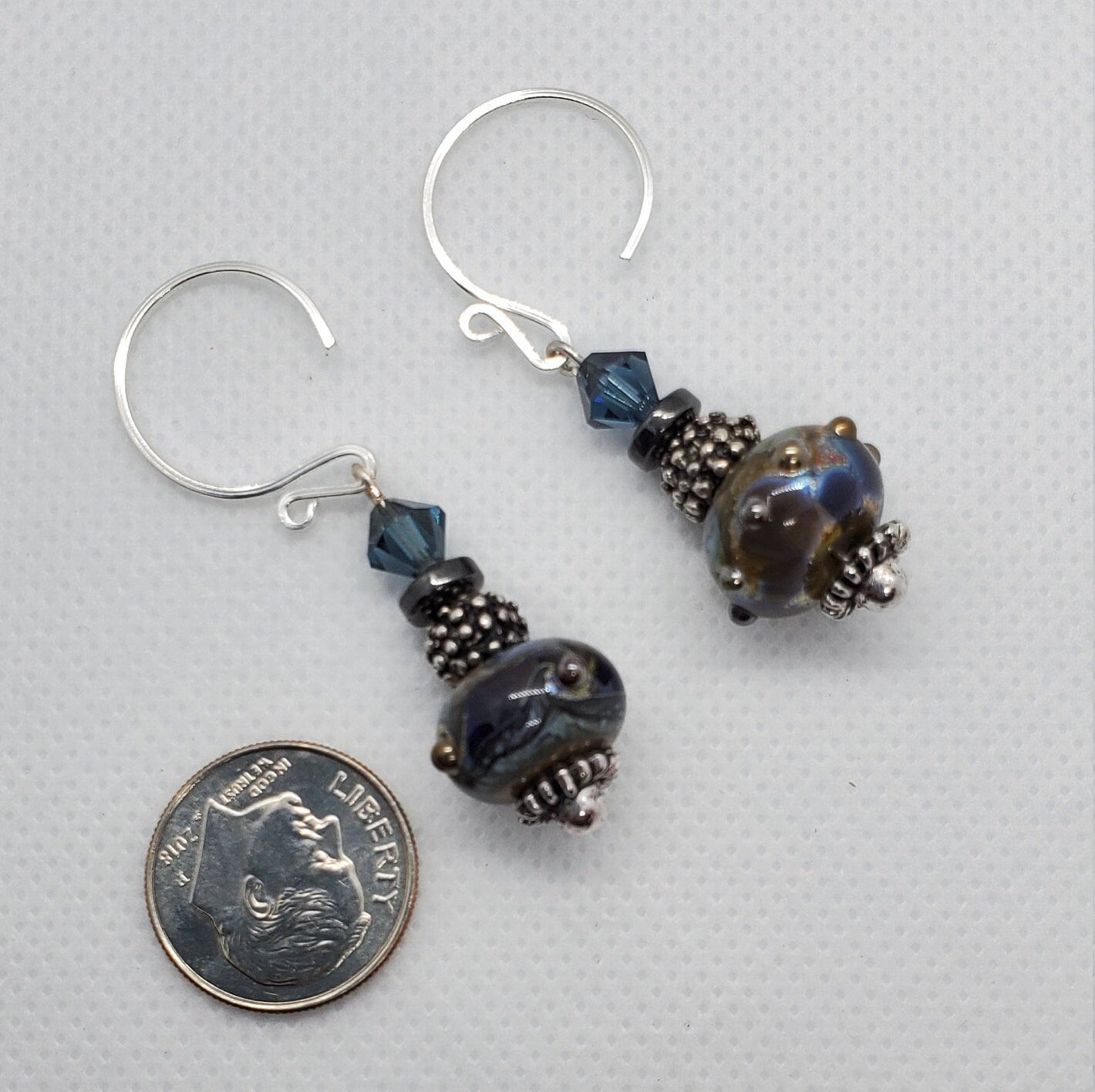 Midnight Blues Artisan Glass Earrings, Lampwork Glass Bead by Grace Lampwork Beads, Silver Filled Earring Wire