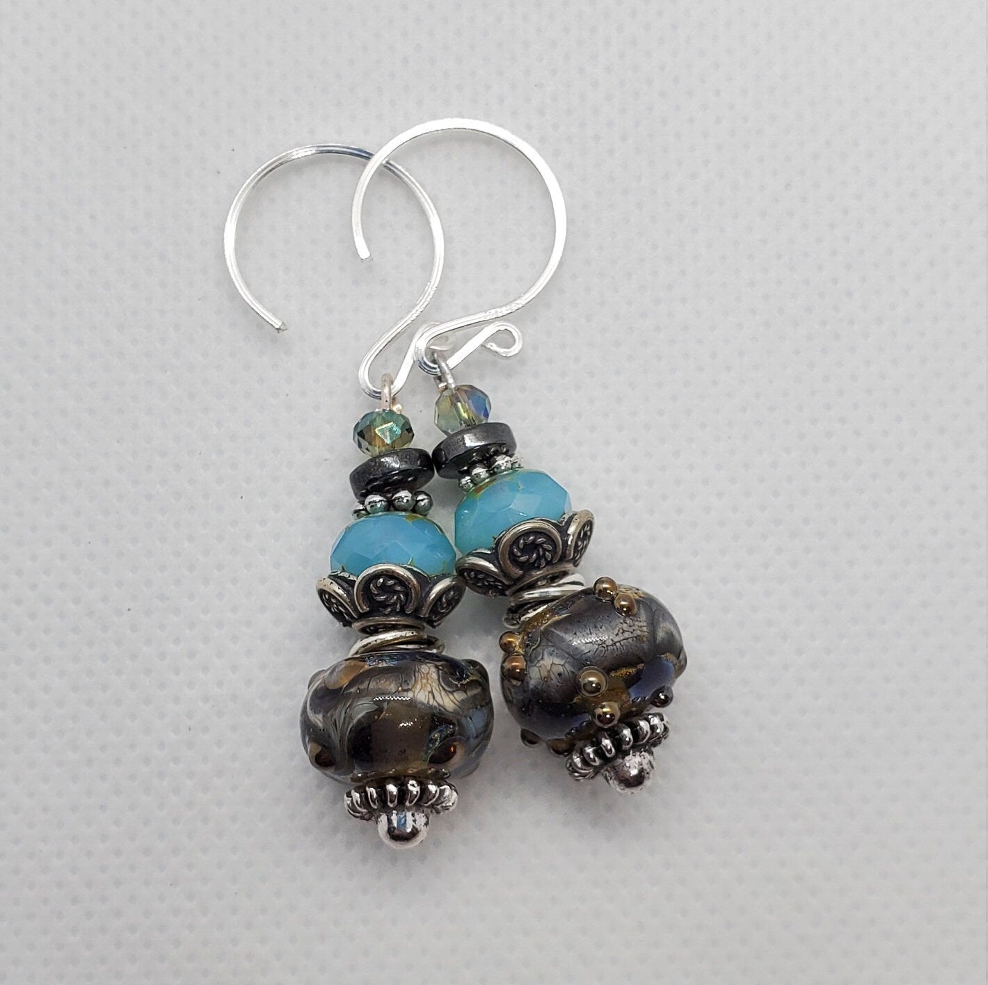 Calm before the Storm Artisan Glass Earrings, Lampwork Glass Bead by Grace Lampwork Beads, Silver Filled Earring Wire