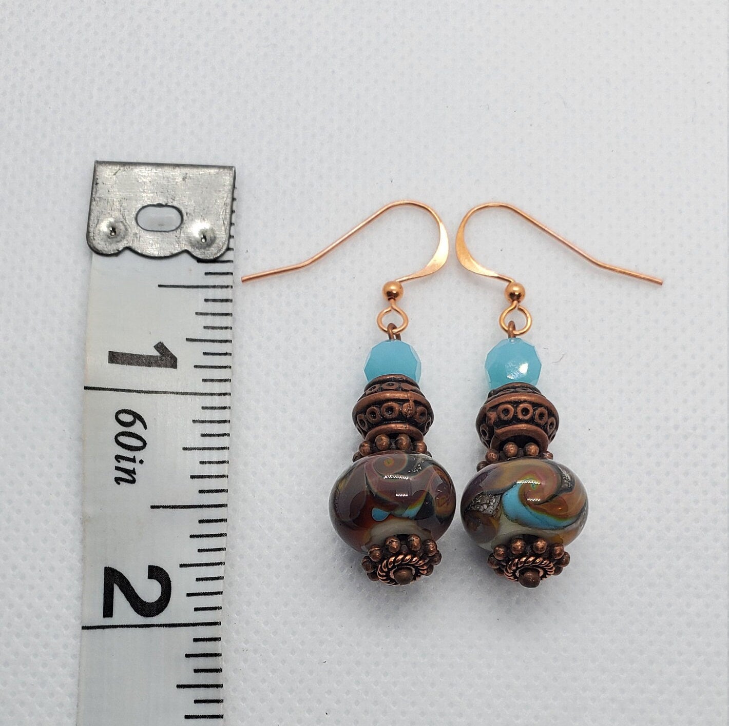 Copper Blues Artisan Glass Earrings, Lampwork Glass Bead by Grace Lampwork Beads, Copper Earring Wire