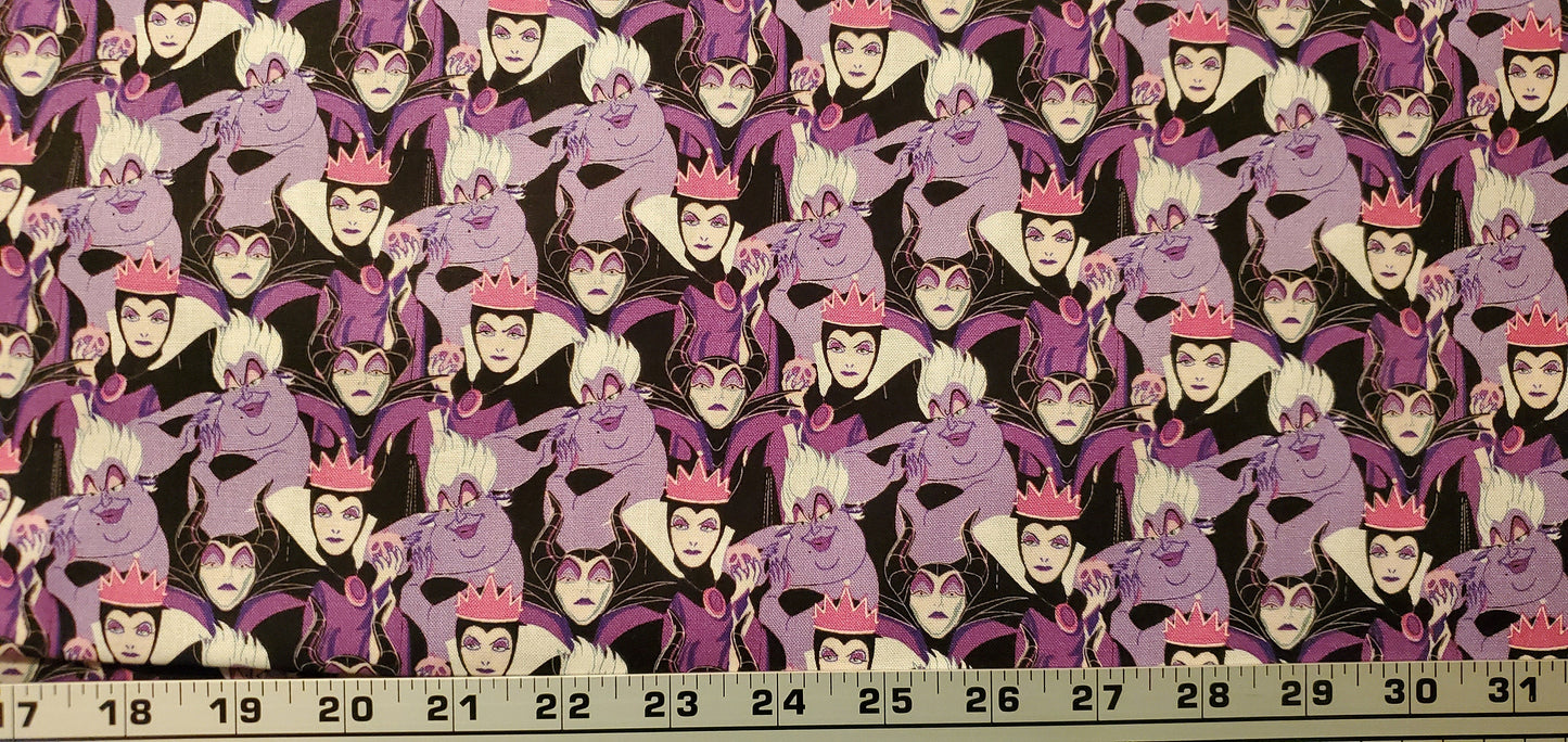 Disney Diabolical Villains Fabric by the half yard. 100% Cotton. URSULA, MALEFICENT, evil QUEEN
