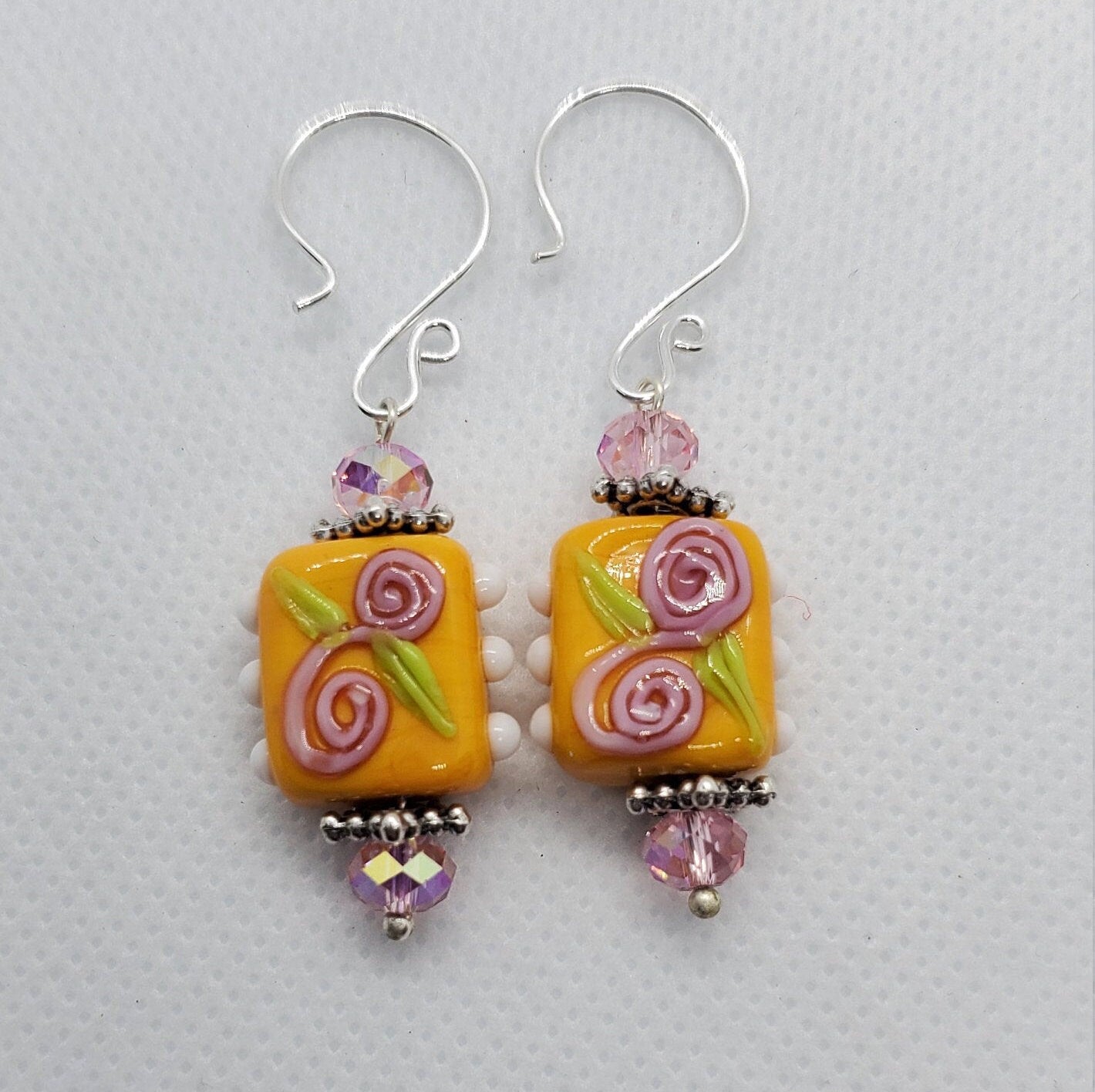 Citrus Blooms Artisan Glass Earrings, Lampwork Glass Bead by Grace Lampwork Beads, Silver Filled Earring Wire