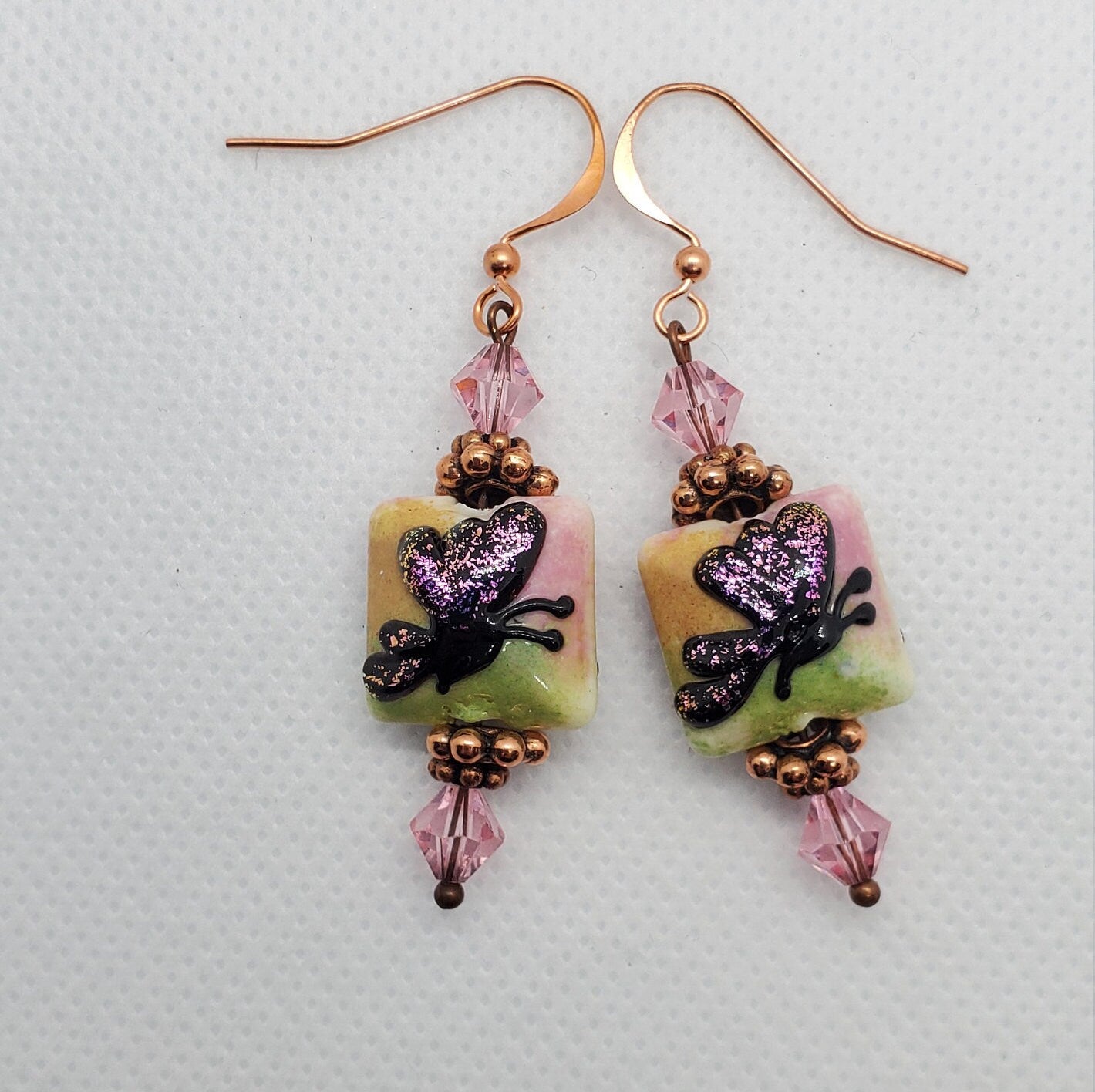Butterfly Angel Artisan Glass Earrings, Lampwork Glass Bead by Grace Lampwork Beads, Copper Earring Wire