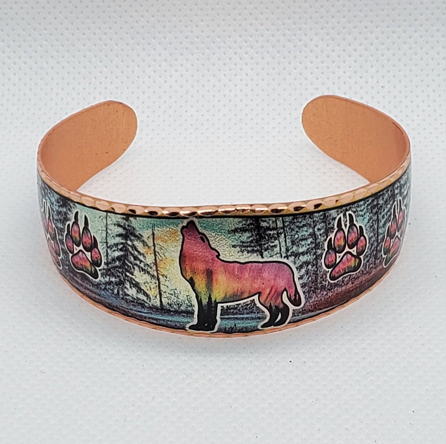BR- Howling Wolf and Wolf Paws - Beautiful adjustable COPPER cuff bracelet.