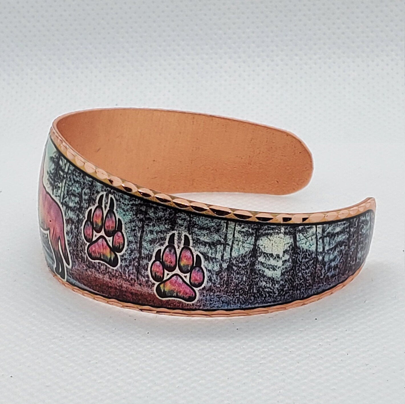 BR- Howling Wolf and Wolf Paws - Beautiful adjustable COPPER cuff bracelet.