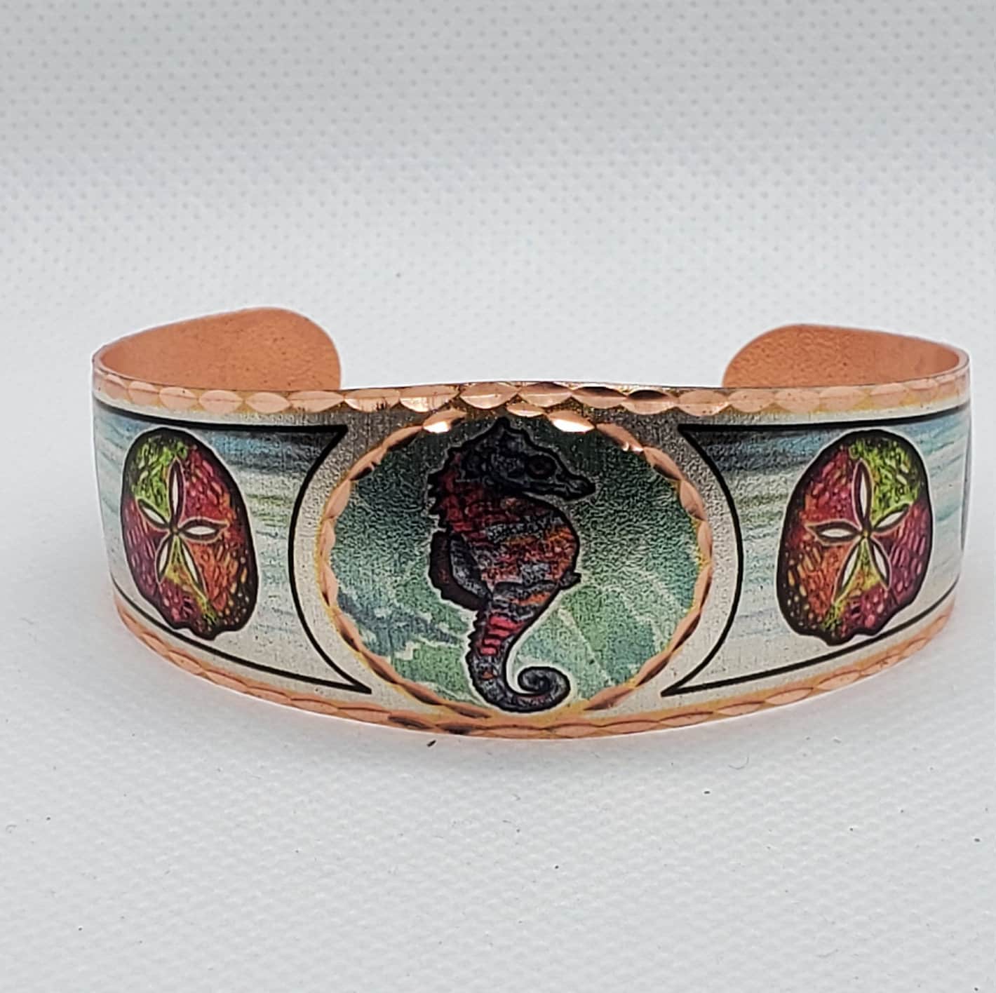 BR - Colorful Nautical Seahorse - Beautiful adjustable COPPER cuff bracelet.