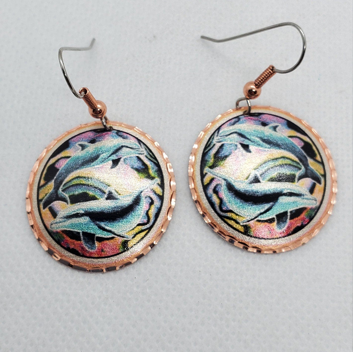 EA - Beautiful Dolphins COPPER earrings - Surgical Steel Hypo Allergenic Earwires.