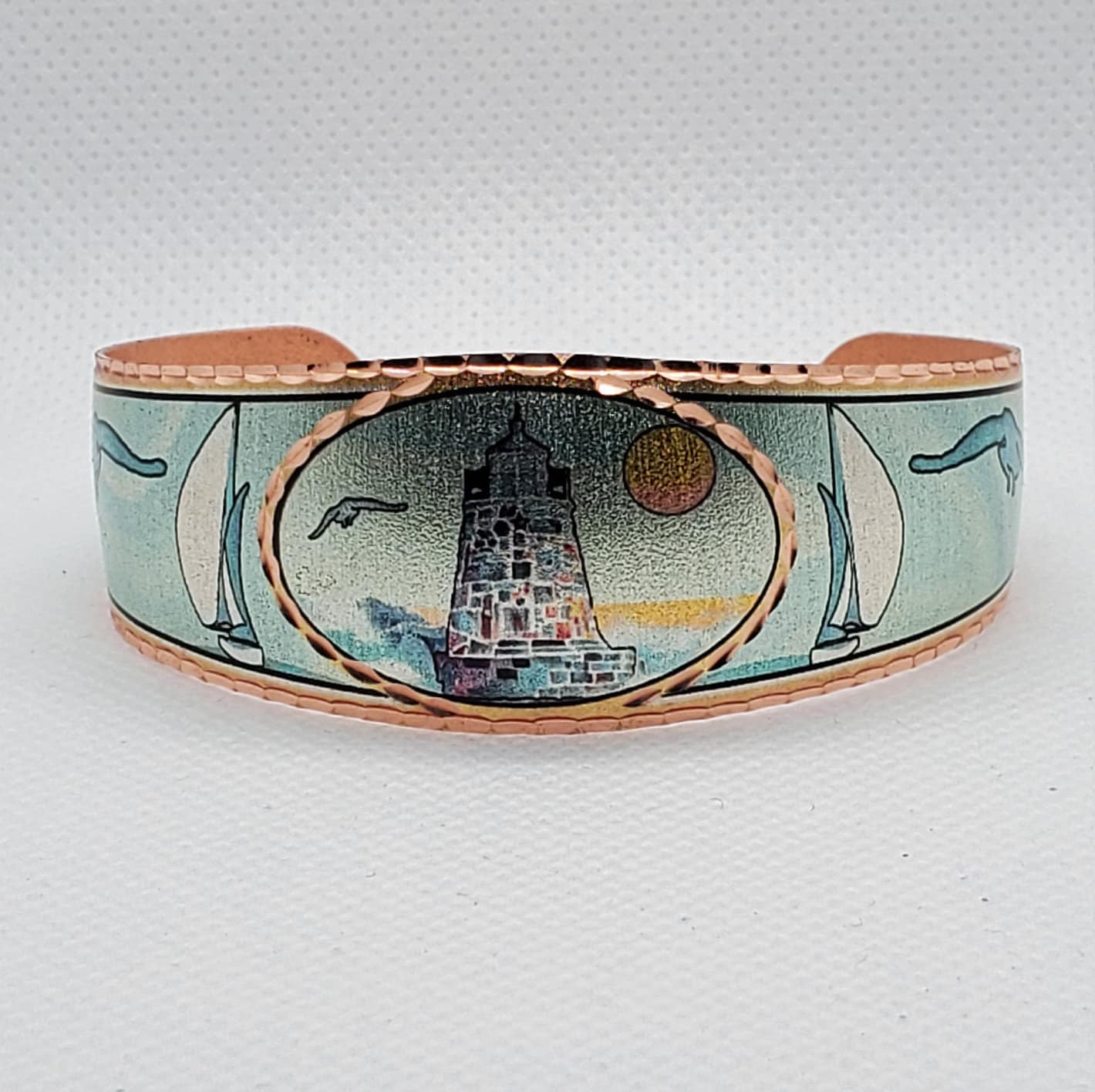 Br - SAILBOAT and LIGHTHOUSE - Beautiful adjustable COPPER cuff bracelet. Ocean/Seashore Jewelry.