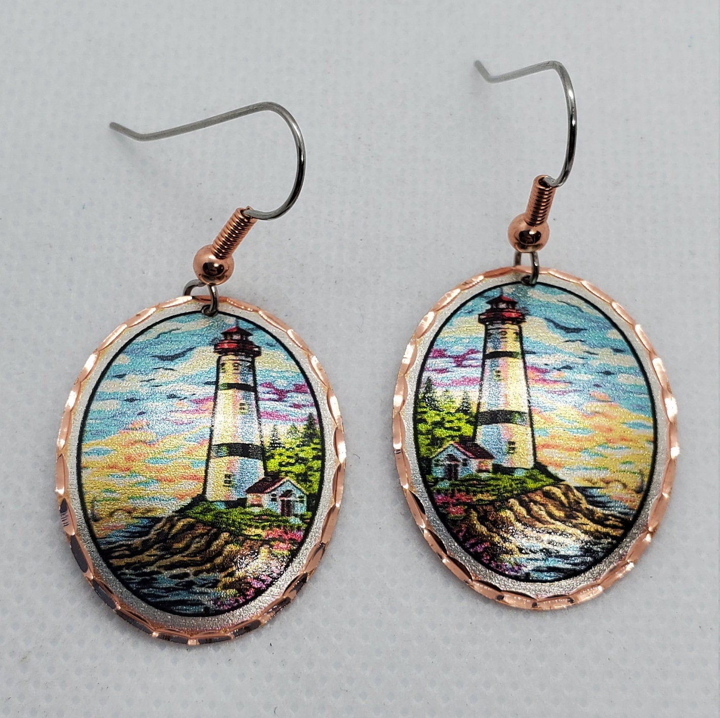 EA -Beautiful Lighthouse COPPER earrings - Surgical Steel Hypo Allergenic Earwires.