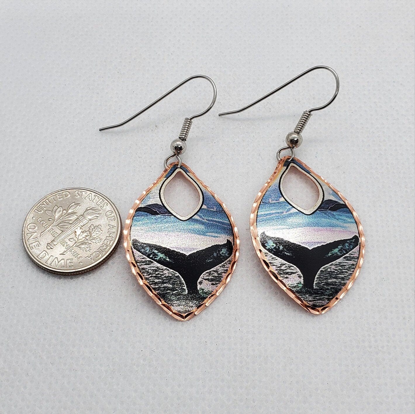 EA -Beautiful Teardrop Whale Tail COPPER earrings - Surgical Steel Hypo Allergenic Earwires.