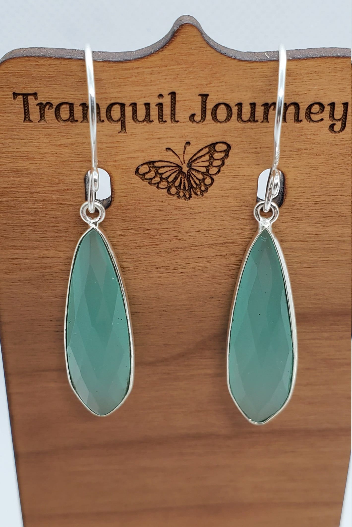 Aqua Chalcedony 10x32 mm Earrings, Silver Filled Earring Wire