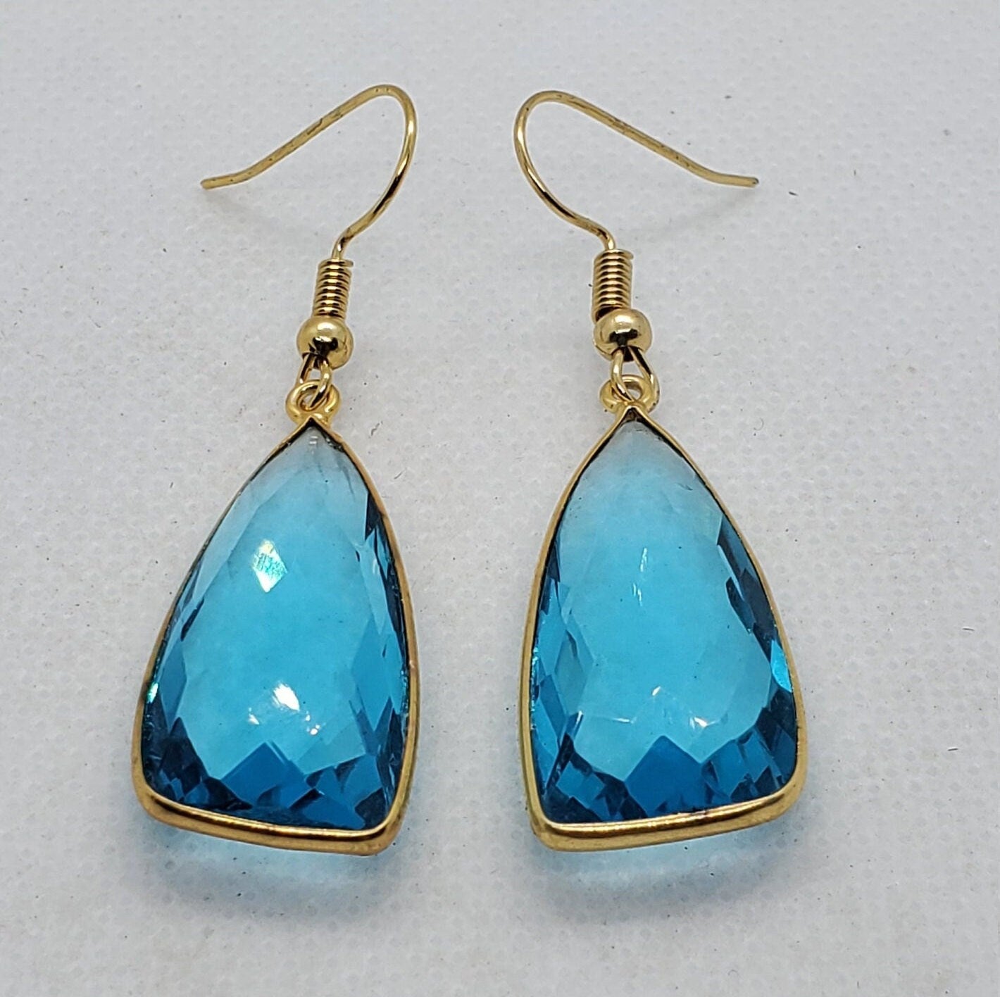 London Blue Quartz 14x34 mm Earrings, Gold Plated Earring Wire