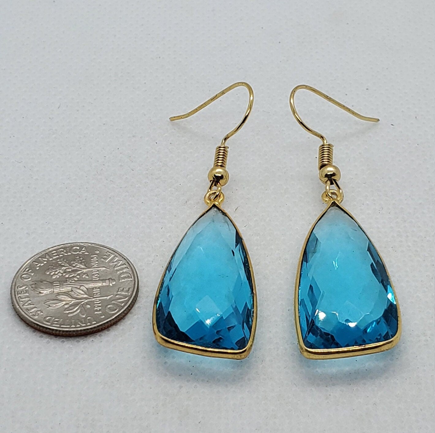 London Blue Quartz 14x34 mm Earrings, Gold Plated Earring Wire
